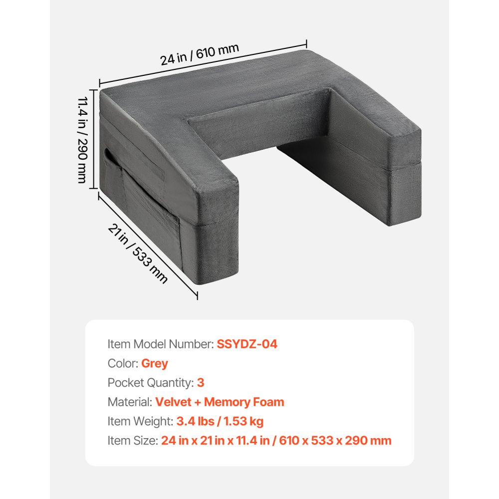 VEVOR Cuscino da Lettura da Letto in Tessuto Lavabile 610 x 533 x 290 mm Cuscino per Schiena, 2 Tasche e Portabicchieri, Materassino in Schiuma di Memoria per Guardare TV, Leggere e Giocare, Grigio