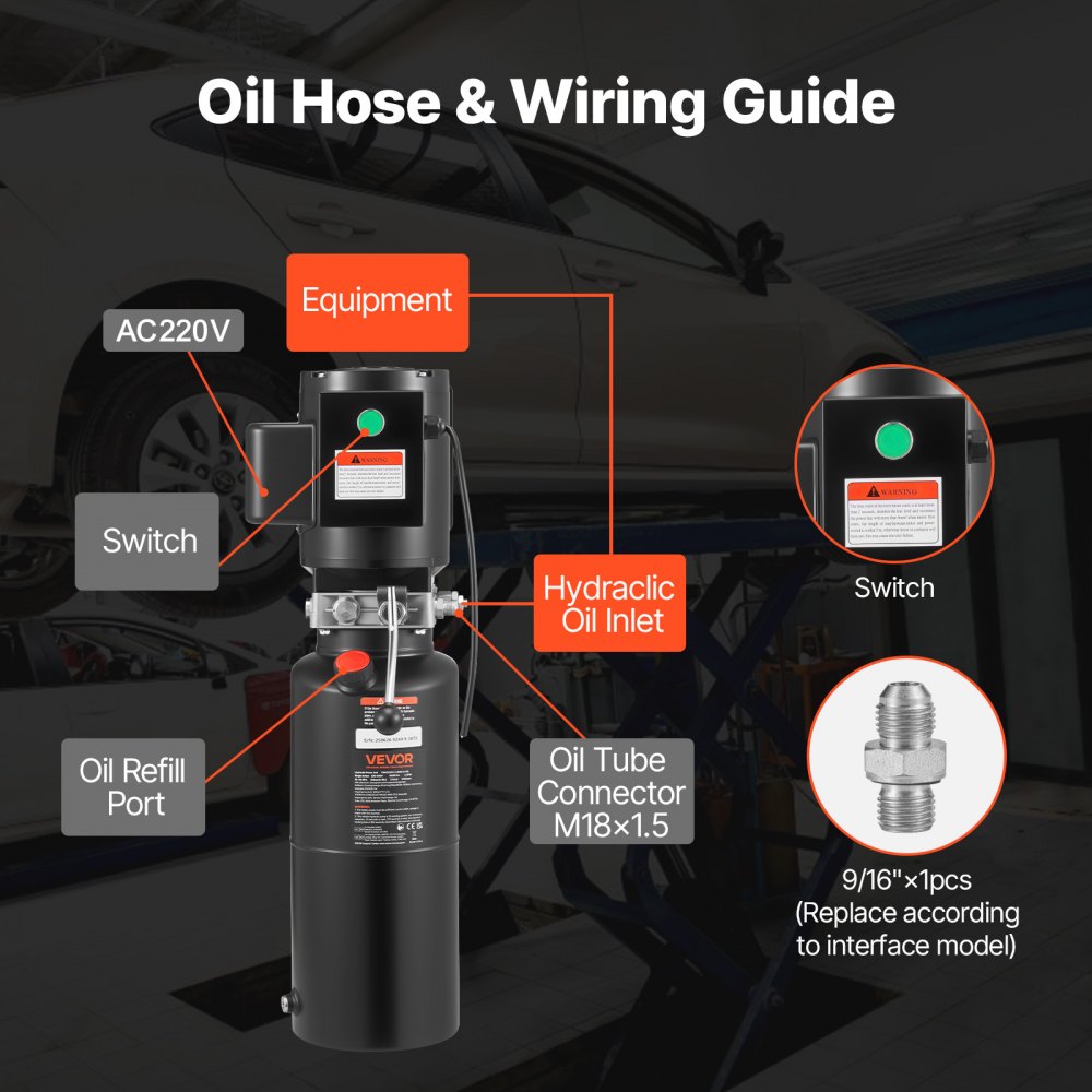 VEVOR Unità di Potenza per Pompa Idraulica, Unità Idraulica a Semplice Effetto da 10 L, Portata Olio 6,3 L/min, Pressione di Scarico Massima 22 MPa per Autocarri con Cassone Ribaltabile, Nero