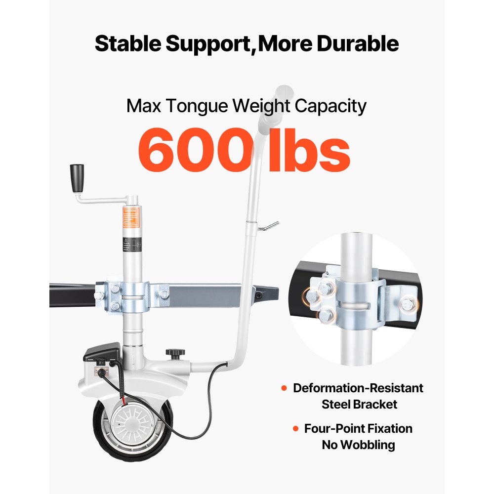 VEVOR Carrello Elettrico per Rimorchio, Ruota di Supporto Motorizzata Velocità di Movimento di 7 m/min, Altezza del Morsetto Regolabile 31 a 63 cm, Capacità di 2,5 T per Roulotte e Barche