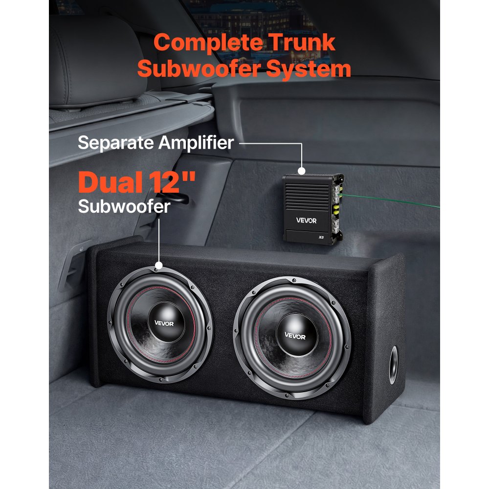 VEVOR Kit Subwoofer per Auto Sistema Audio con Cassa da 305 mm, Subwoofer Amplificatore 490 W RMS Separato Kit di Cablaggio, Pacchetto Amplificatore Gamma di Frequenza 30-200 Hz da Veicoli SUV Auto
