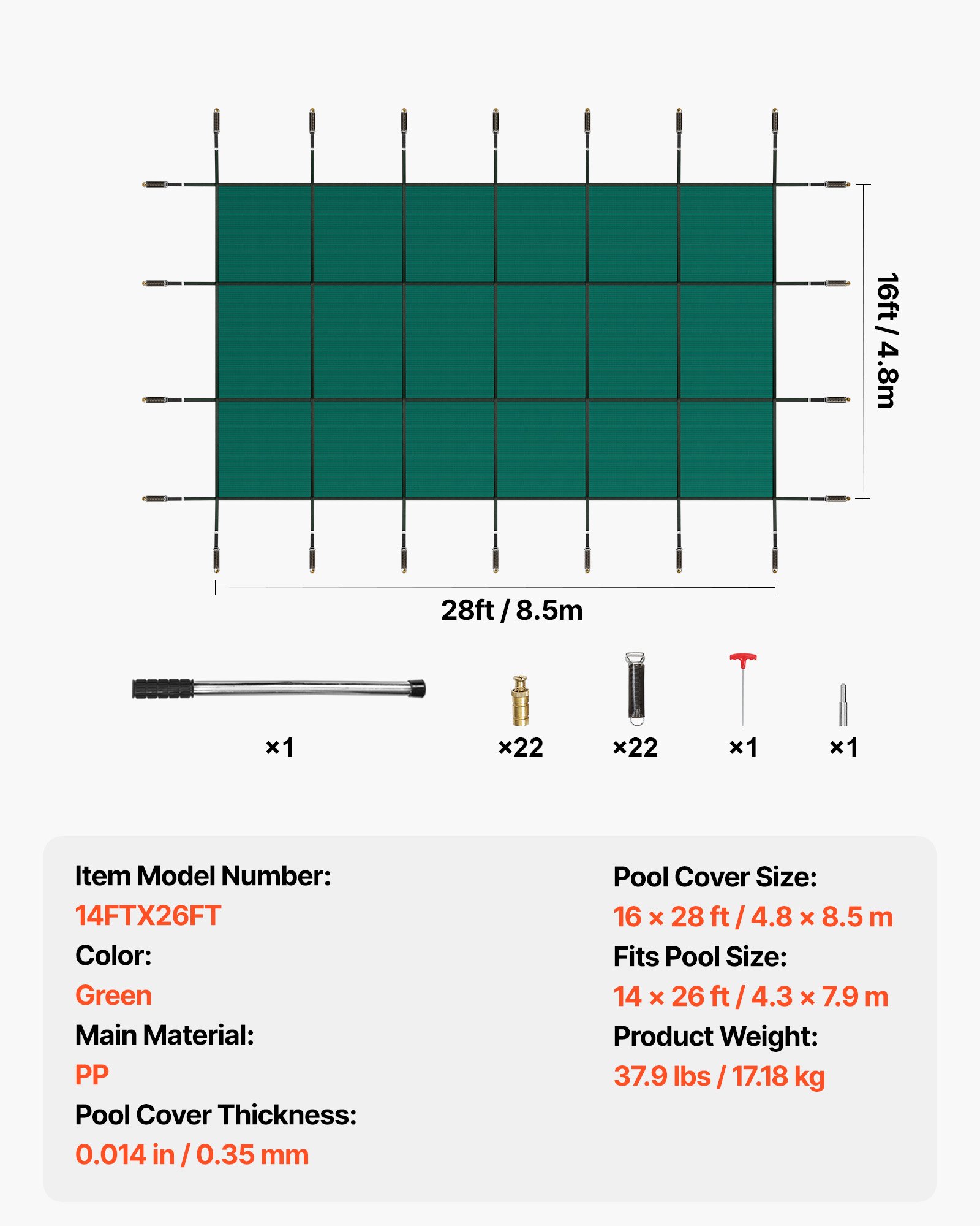 VEVOR Copertura per piscina rettangolare in rete di sicurezza 4,3 x 7,9 m Verde invernale per esterni