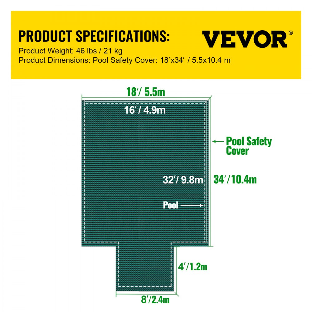 VEVOR Pool Cover 5.5 x 10.4 m, suitable for 4.9 x 9.8 m rectangular, in-ground winter pools, green mesh fabric, solid pool safety cover for swimming pools