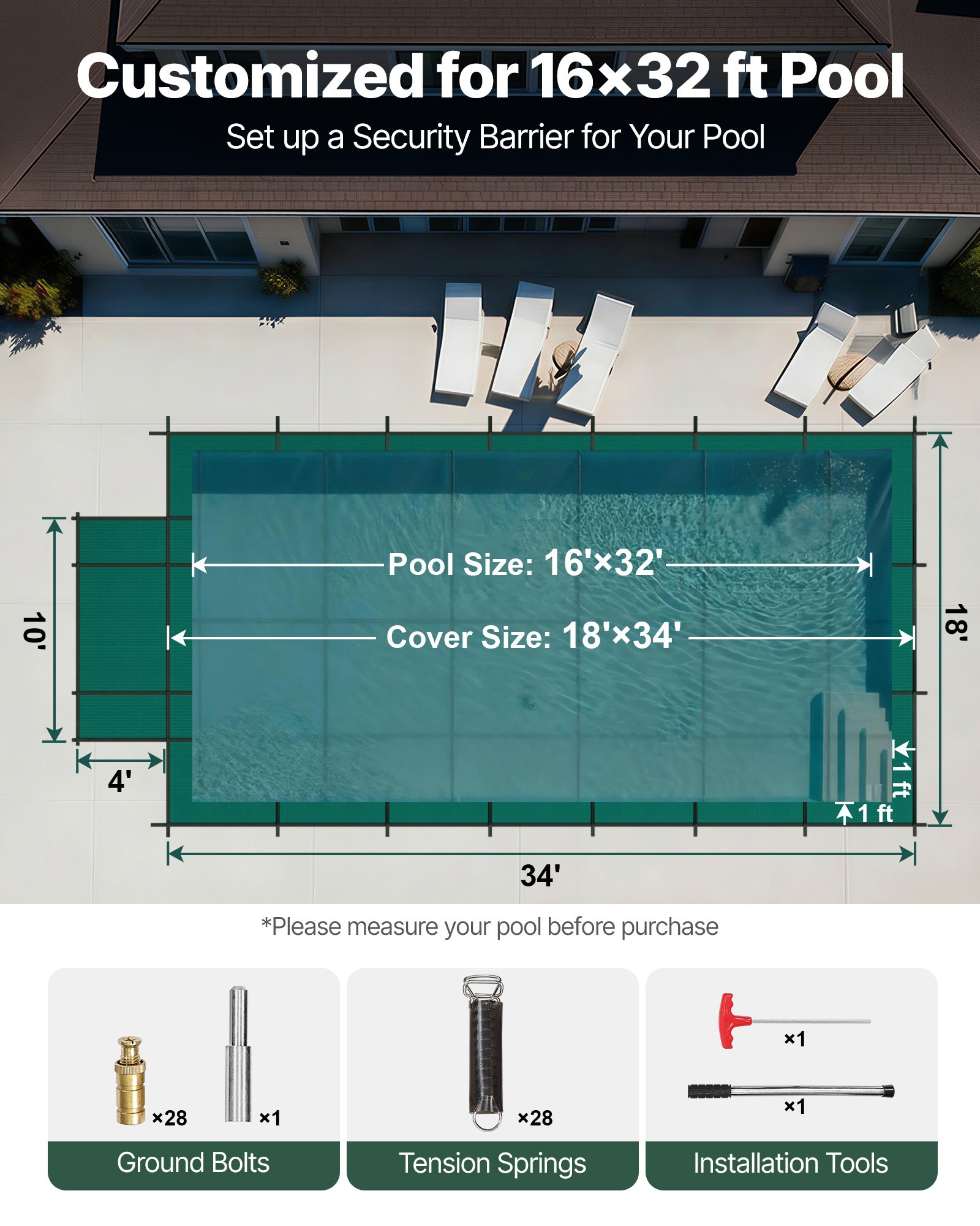 VEVOR Copertura di Sicurezza per Piscina, Adatta a 16x32ft Copertura di Sicurezza Interrata Rettangolare Copertura di Sicurezza per Piscina Solida per Piscina Copertura di Sicurezza Invernale