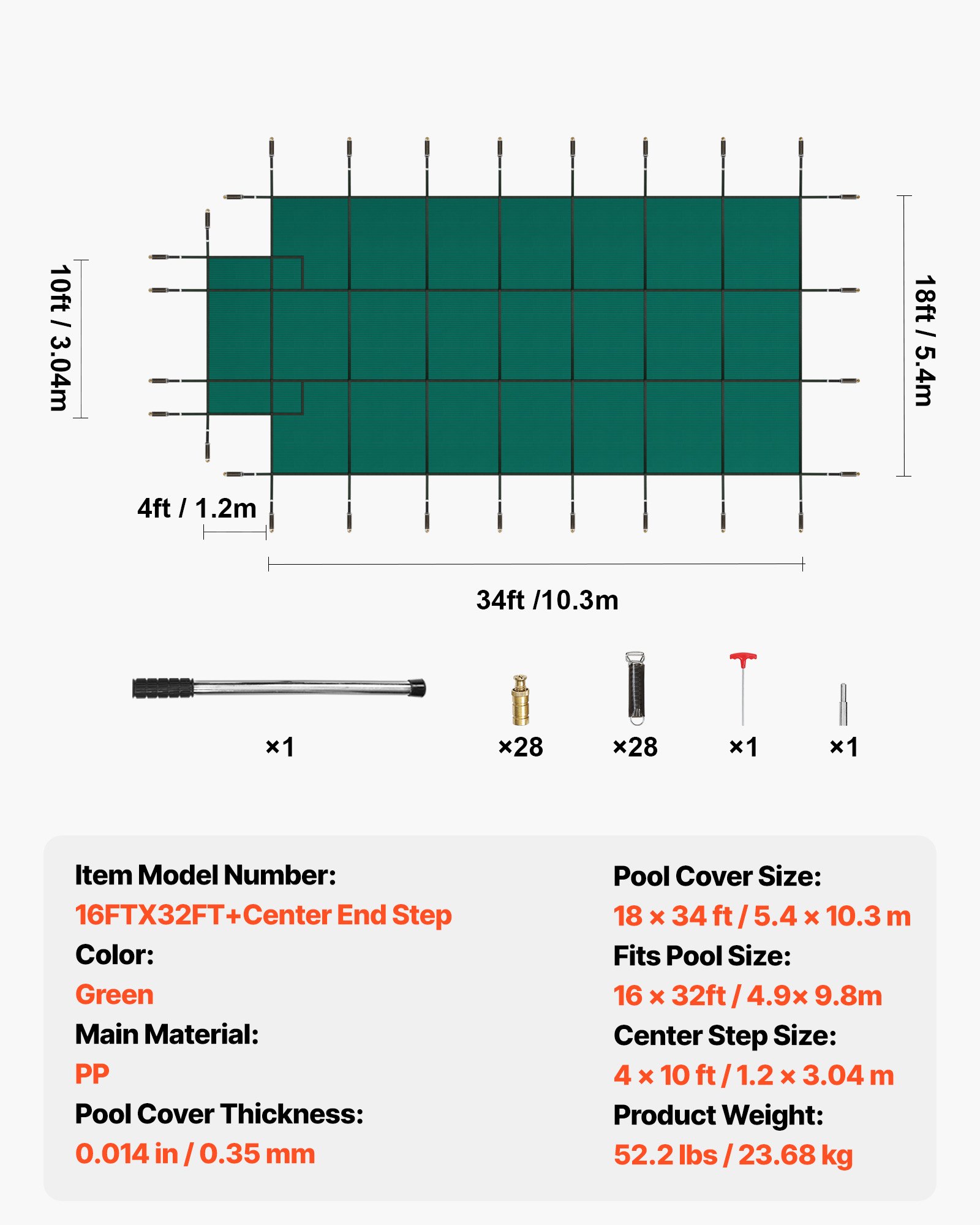 VEVOR Copertura di Sicurezza per Piscina, Adatta a 16x32ft Copertura di Sicurezza Interrata Rettangolare Copertura di Sicurezza per Piscina Solida per Piscina Copertura di Sicurezza Invernale