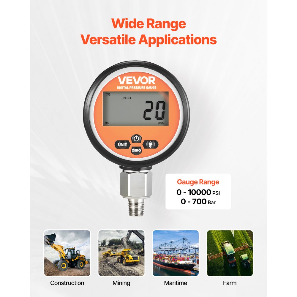 VEVOR Manometro Idraulico Digitale, Sensore di Pressione Idraulica 0-700 Bar, Tester Manometro con Ingresso Base NPT per Macchinari Edili Escavatrici, Alloggiamento in Acciaio Inossidabile