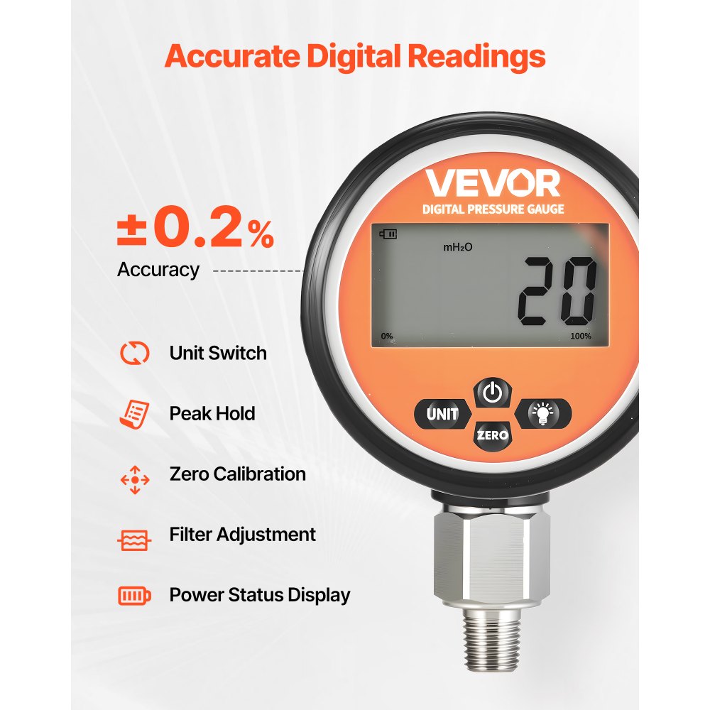 VEVOR Manometro Idraulico Digitale, Sensore di Pressione Idraulica 0-700 Bar, Tester Manometro con Ingresso Base NPT per Macchinari Edili Escavatrici, Alloggiamento in Acciaio Inossidabile