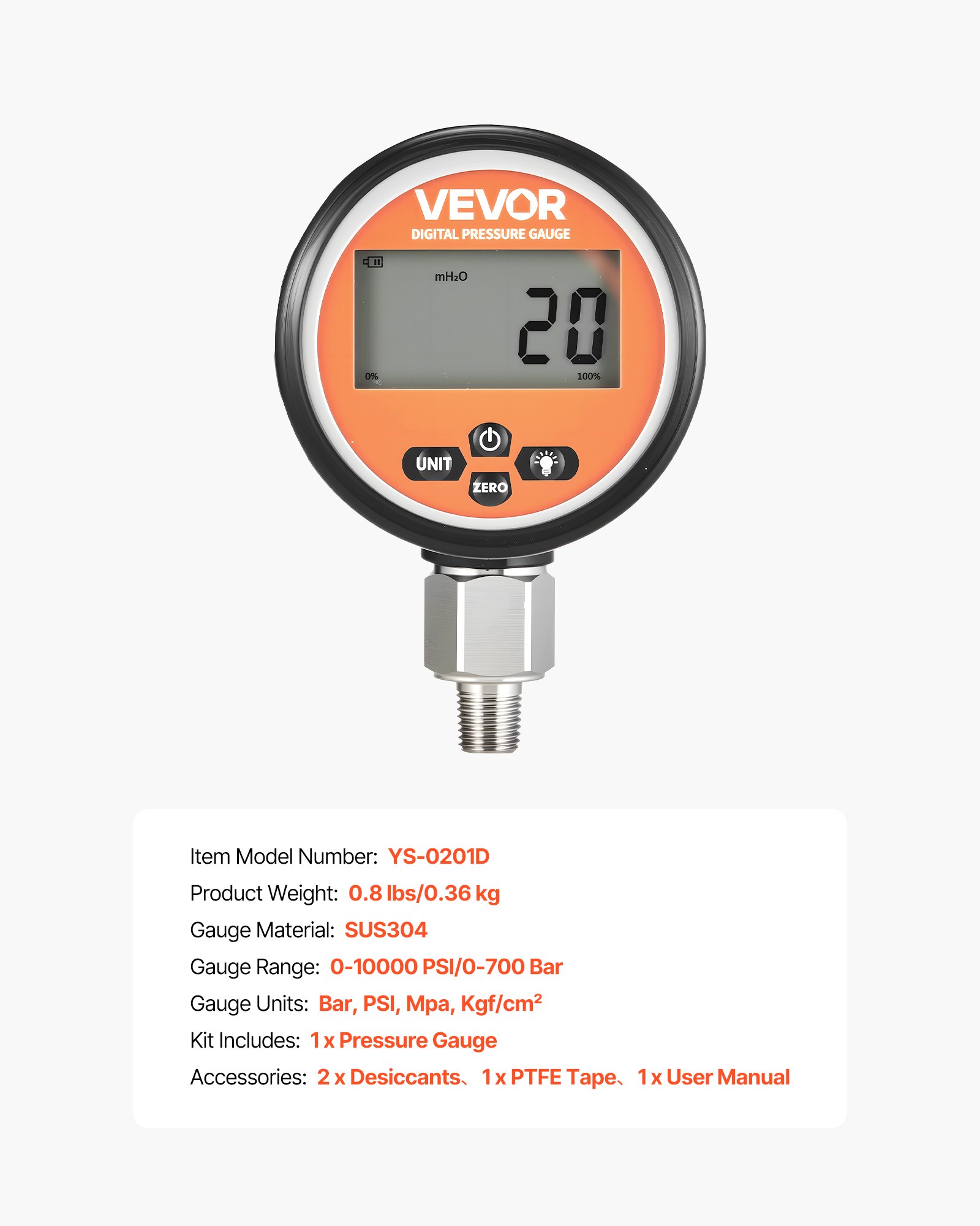 VEVOR Digital Hydraulic Pressure Gauge, 0-700 Bar (0-10000 PSI) Hydraulic Pressure Sensor, Manometer Tester with NPT Base Entry for Excavator Construction Machinery, Waterproof Stainless Steel Housing