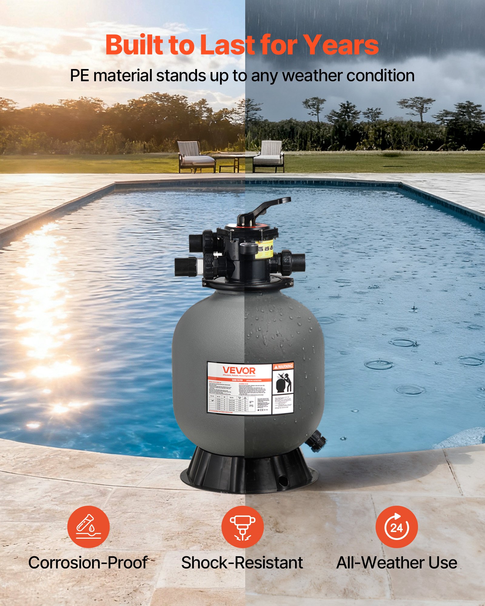 VEVOR Sand Filter, 457.2 mm, 151.4 LPM Above Inground Swimming Pool Sand Filter System, with 7-Way Multi-Port Valve, Backwash, Rinse, Recirculate, Waste, Winter, Closed Modes, for Above In Ground Pool