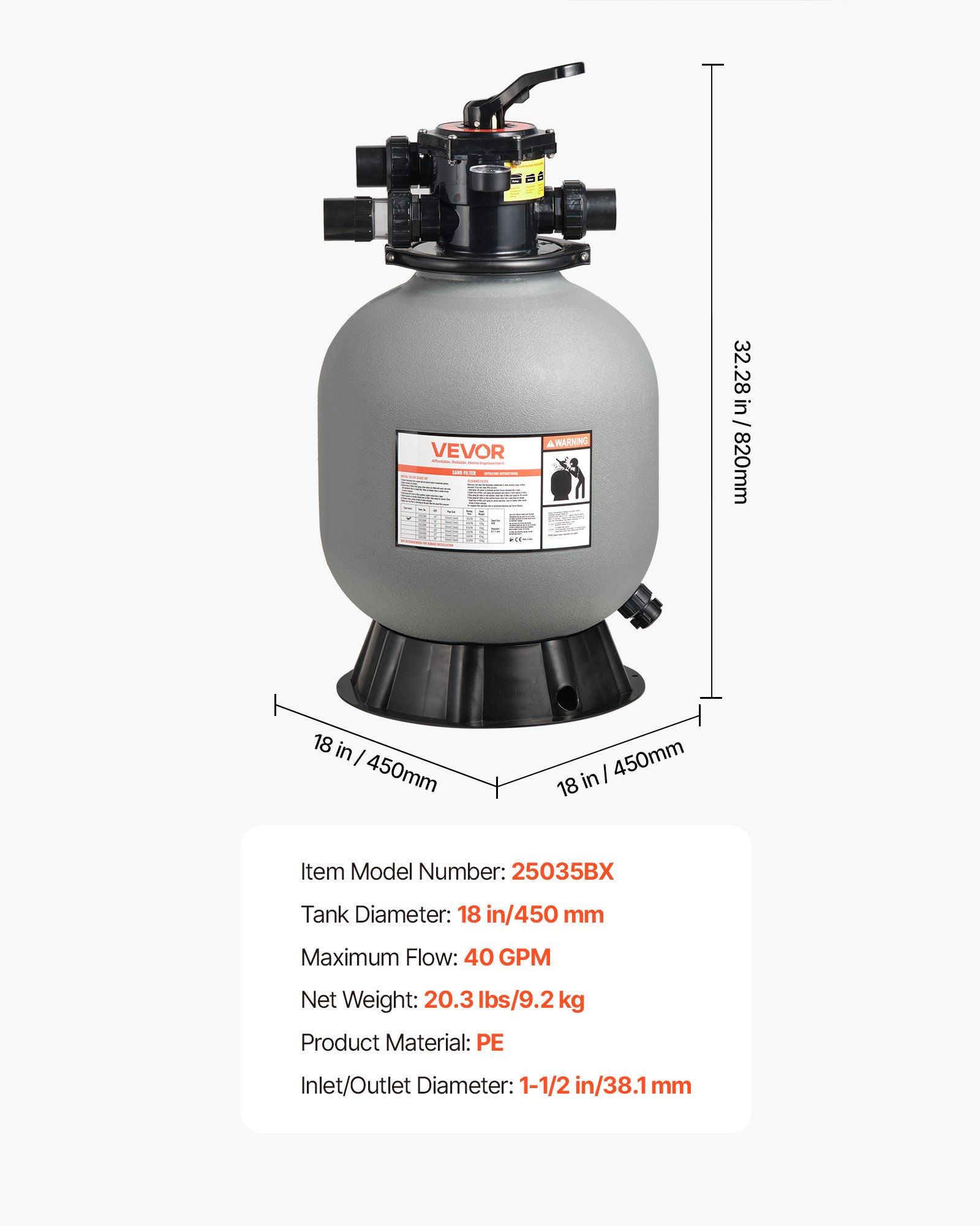 VEVOR Sand Filter, 457.2 mm, 151.4 LPM Above Inground Swimming Pool Sand Filter System, with 7-Way Multi-Port Valve, Backwash, Rinse, Recirculate, Waste, Winter, Closed Modes, for Above In Ground Pool