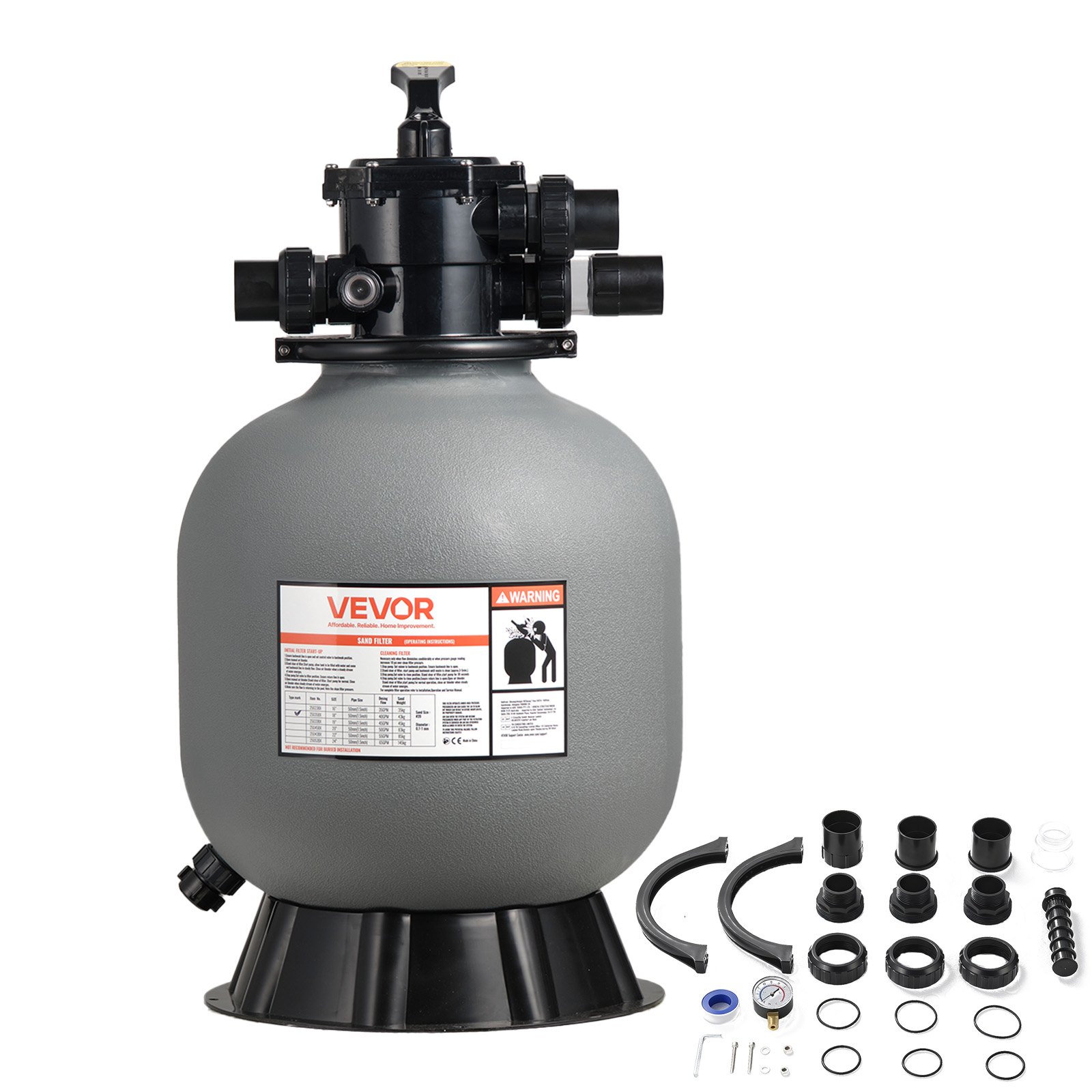 VEVOR Sand Filter, 457.2 mm, 151.4 LPM Above Inground Swimming Pool Sand Filter System, with 7-Way Multi-Port Valve, Backwash, Rinse, Recirculate, Waste, Winter, Closed Modes, for Above In Ground Pool