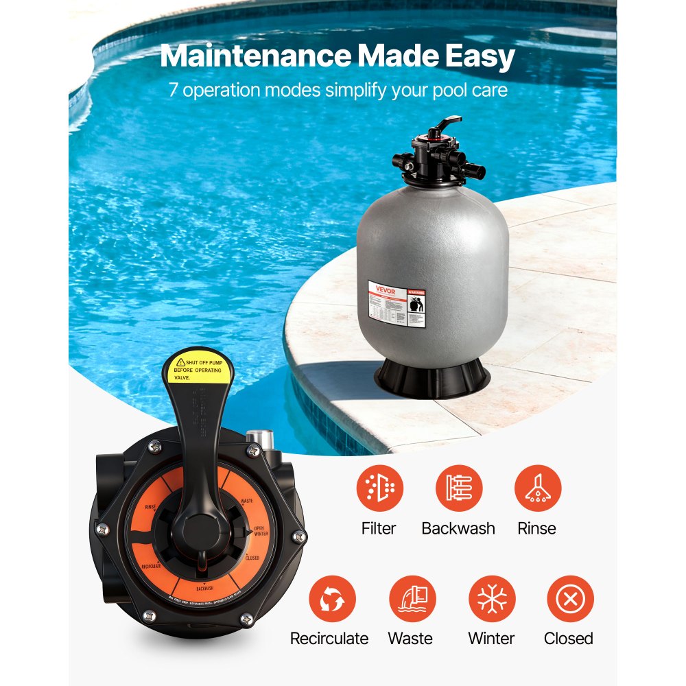 VEVOR Pompa di Filtraggio a Sabbia per Piscina da 610 mm e 65 GPM, Materiale di PE con Valvola Multi Porta a 7 Vie, Risciacquo, Scarico, Modalità Invernale e Chiusa, per Piscine Fuori Terra