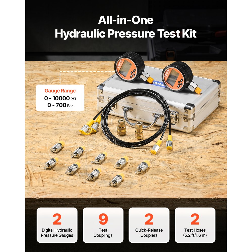 VEVOR Kit per Test di Pressione Idraulica Digitale, Manometro da 10000 PSI con 2 Manometri, 9 Raccordi di Prova, 2 Raccordi a Sgancio Rapido, 2 Tubi Flessibili per Macchine Edili Escavatrici