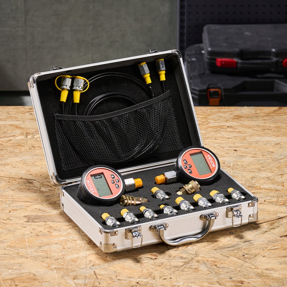 VEVOR Digital Hydraulic Pressure Test Coupling Kit, 700 Bar Pressure Gauge Manometer Tester with 2 Gauges, 9 Test Couplings, 2 Quick-Release Couplers, 2 Hoses for Excavator Construction Machinery