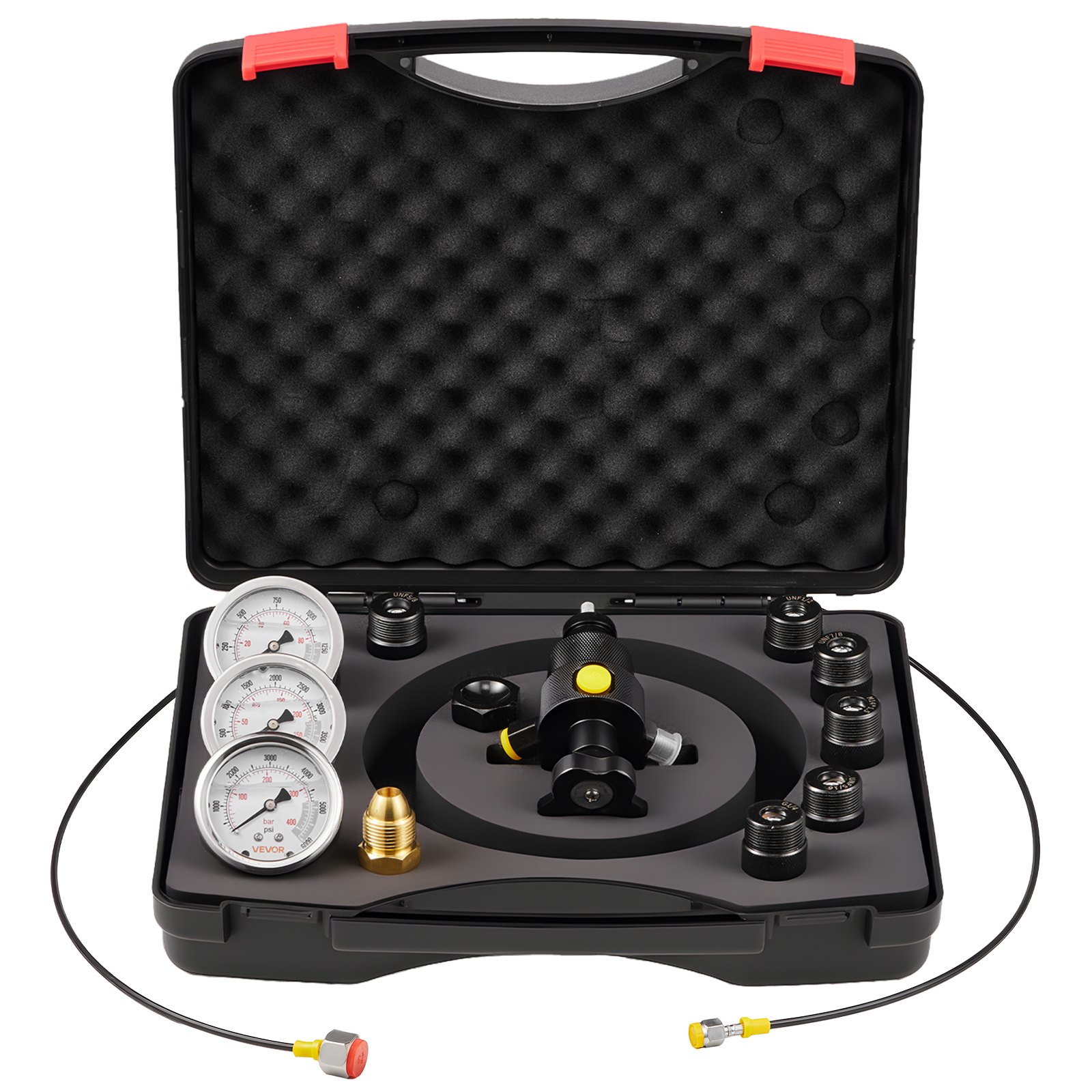 VEVOR Kit di Ricarica dell'Accumulatore di Azoto Idraulico, Sistema di Prova della Pressione con 3 Manometri 1500, 4000, 6000 PSI, 6 Adattatori, 1 Tubo del Gas, 1 Valvola, 1 Adattatore CGA580
