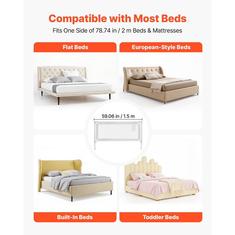 VEVOR Sponda per Letto per Bambini Lunghezza 1,5 m, Barriera Protettiva per Letto per Bambini Neonati con Tubo di Ferro Rinforzato, Tessuto Oxford, Altezza Regolabile 68-89 cm, Barriera per Letto