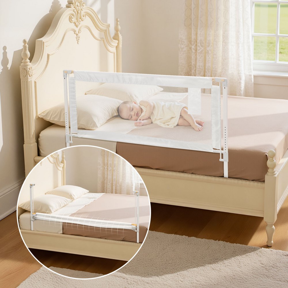 VEVOR Sponda per Letto per Bambini Lunghezza 1,5 m, Barriera Protettiva per Letto per Bambini Neonati con Tubo di Ferro Rinforzato, Tessuto Oxford, Altezza Regolabile 68-89 cm, Barriera per Letto