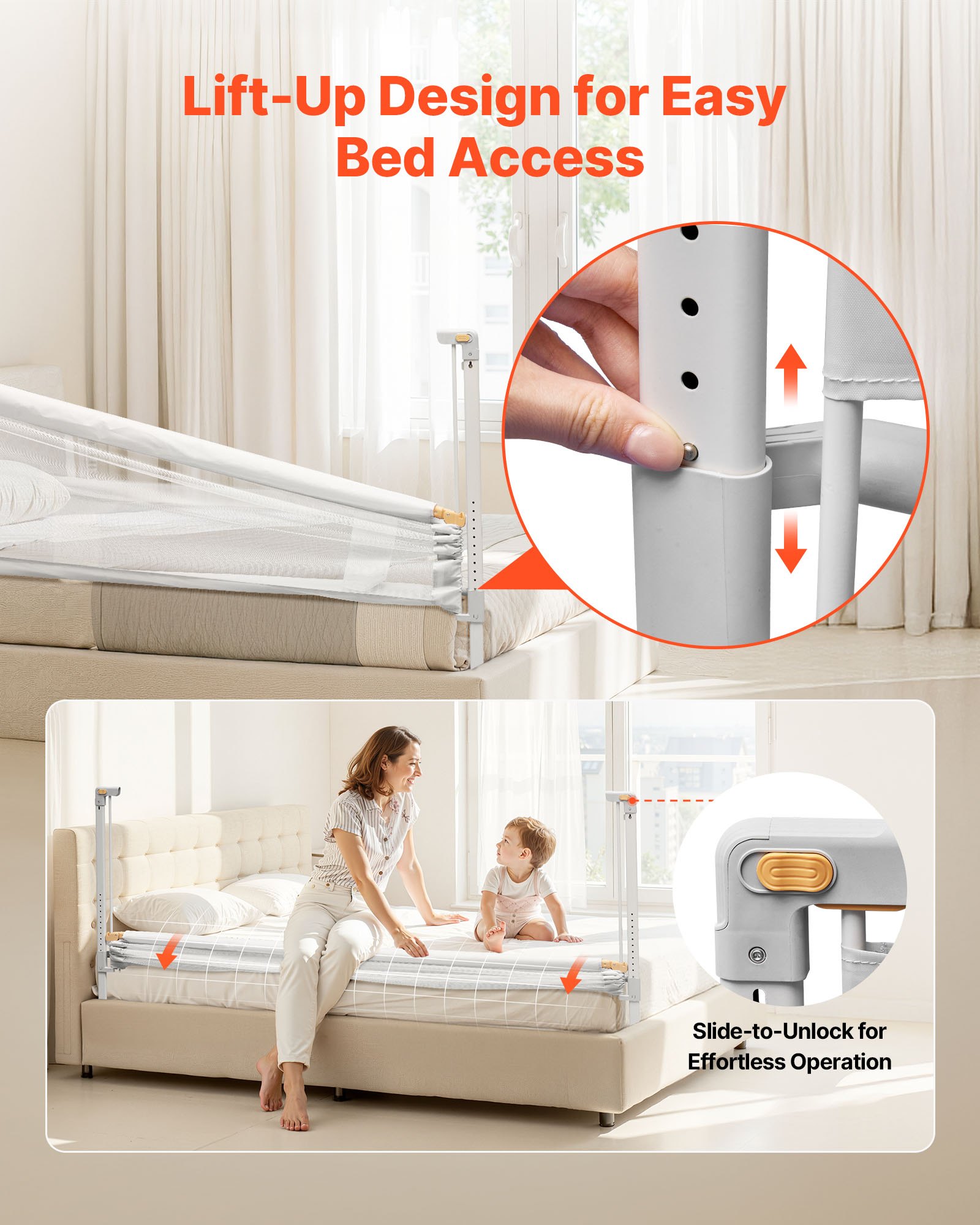 VEVOR Toddler Bed Rail, Kids Beds Guard Rail with Reinforced Iron Pipe and Oxford Cloth, Adjustable Height Bed Side Railing, Portable Guard Bumper Barrier for Crib, Bunk, 2000 x 890 mm, 1 Piece