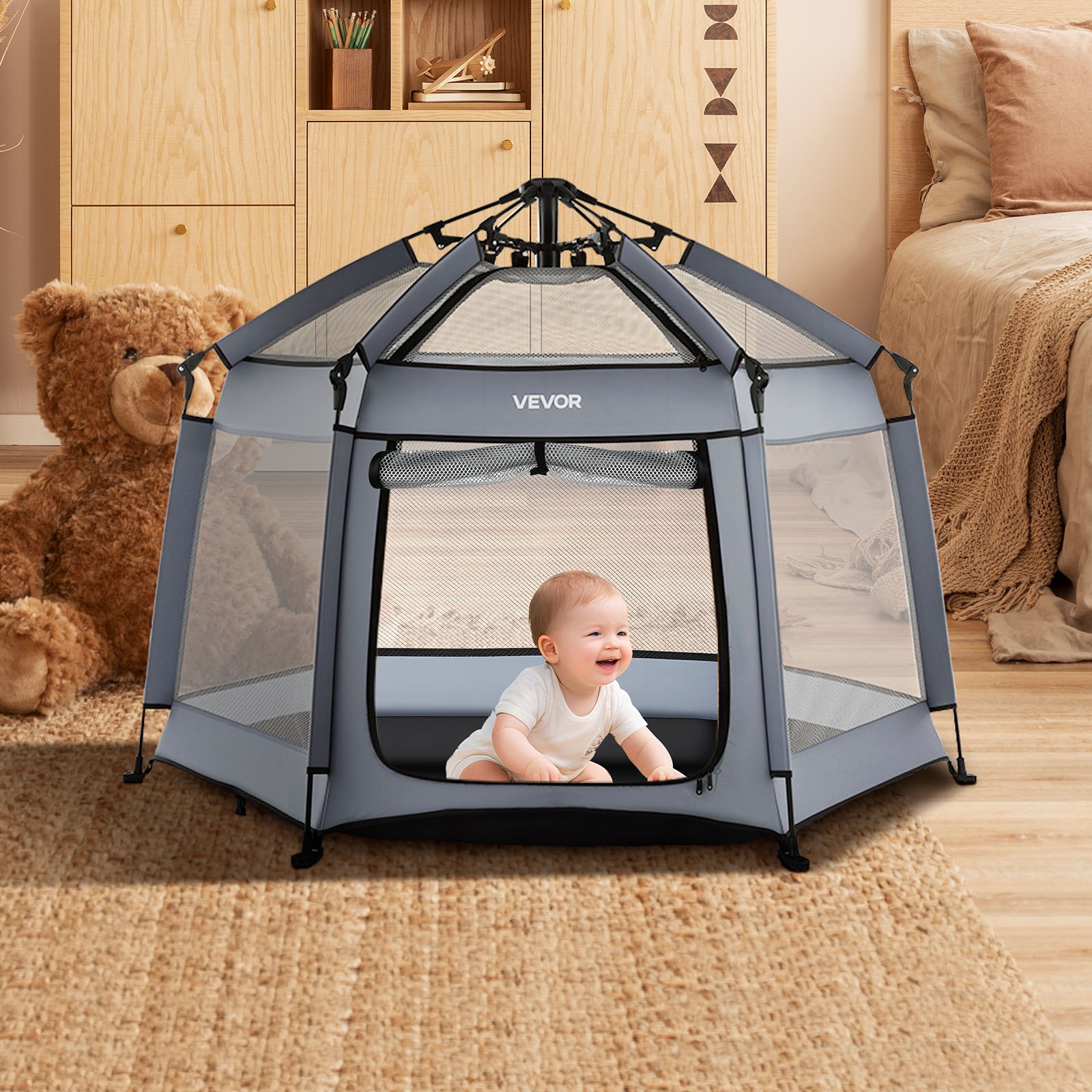 VEVOR Box per Bambini Neonati 150x150 cm, Box per Bambini Pieghevole Portatile, con Tettuccio Parasole UPF 50+, Borsa da Viaggio, Rete Traspirante, Area Giochi per Interni, Esterni, Parco, Spiaggia