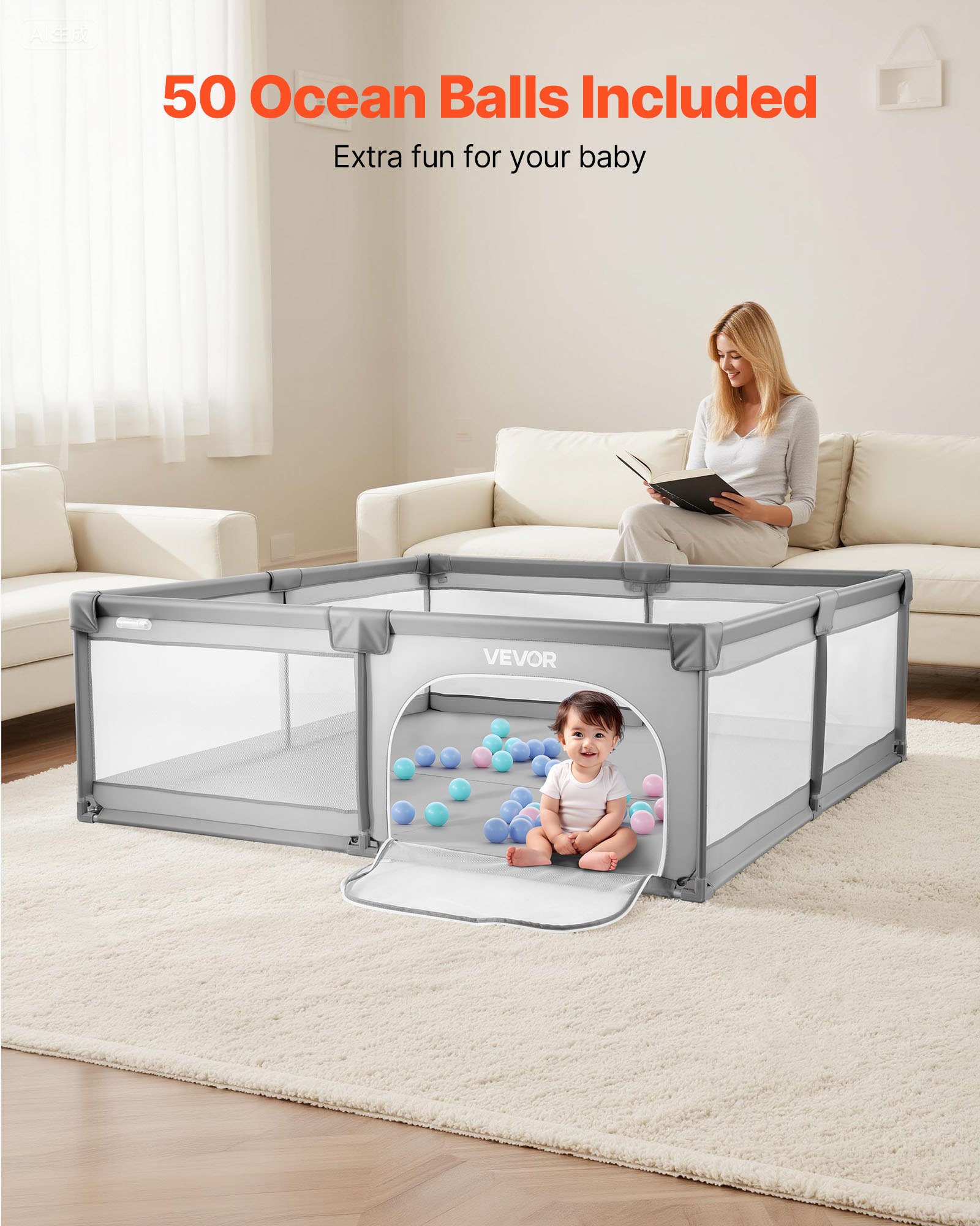 VEVOR Baby Playpen, 2000 x 1490mm Large Toddlers Playpen, Indoor/Outdoor Baby Fence Play Yard with 50 Ocean Balls, Zippered Door & Breathable Mesh, No-Gap Safety Activity Center for Babies Toddlers