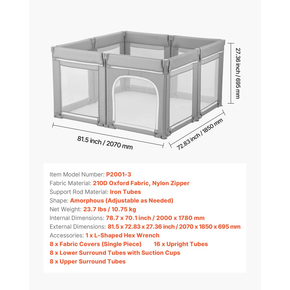 VEVOR Recinto per Bambini, 2000 x 1780 mm, Recinto Pieghevole in Tessuto Oxford 210D, per Bambini con Porta Cerniera e Morbida Rete Traspirante, Centro Attività di Sicurezza per Interni Esterni