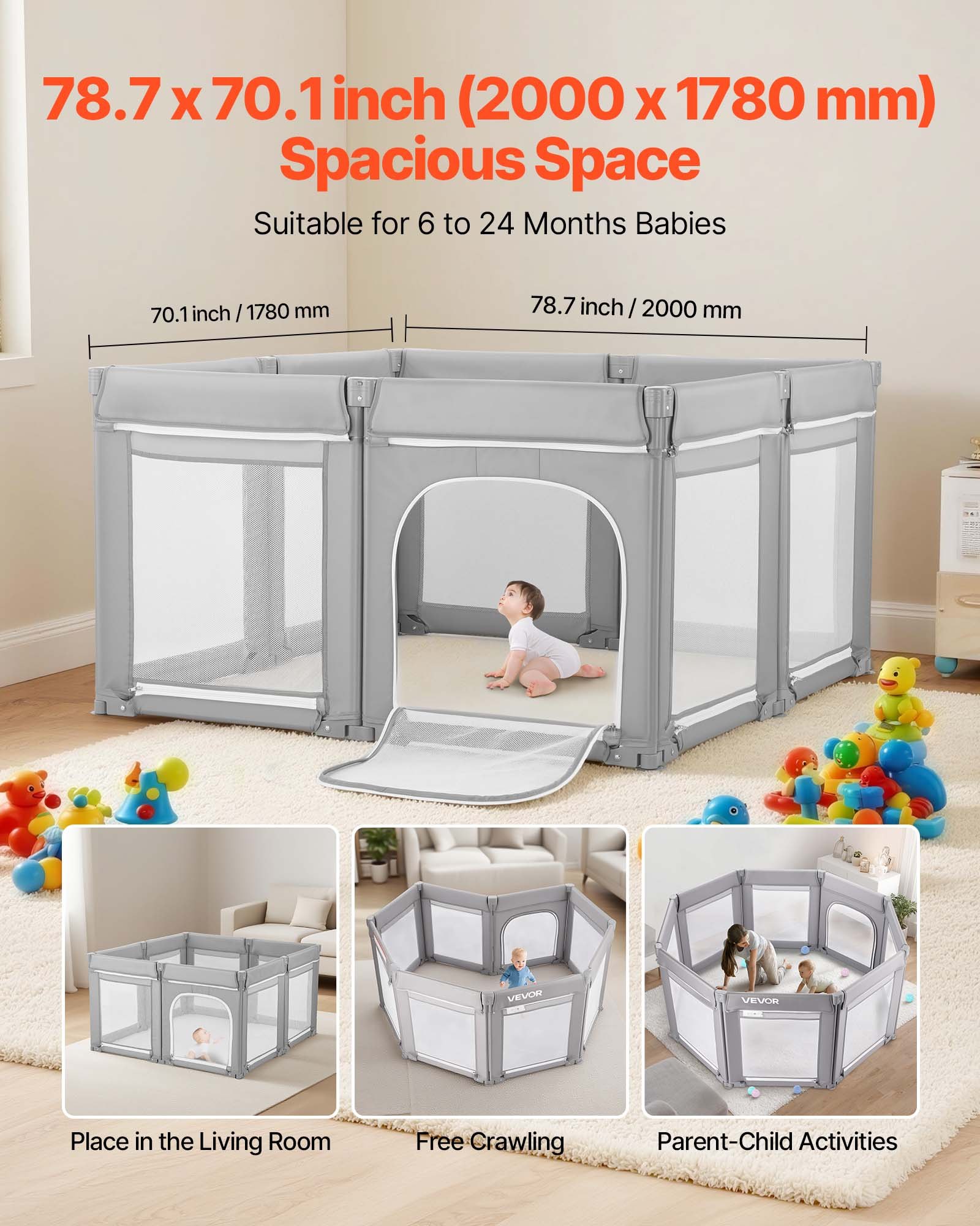 VEVOR Recinto per Bambini, 2000 x 1780 mm, Recinto Pieghevole in Tessuto Oxford 210D, per Bambini con Porta Cerniera e Morbida Rete Traspirante, Centro Attività di Sicurezza per Interni Esterni