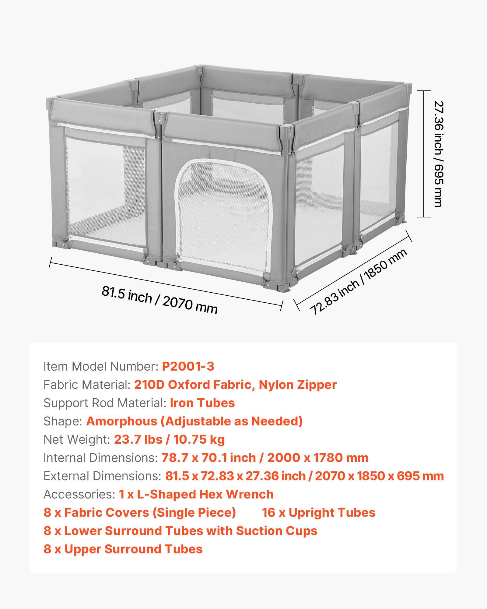 VEVOR Recinto per Bambini, 2000 x 1780 mm, Recinto Pieghevole in Tessuto Oxford 210D, per Bambini con Porta Cerniera e Morbida Rete Traspirante, Centro Attività di Sicurezza per Interni Esterni