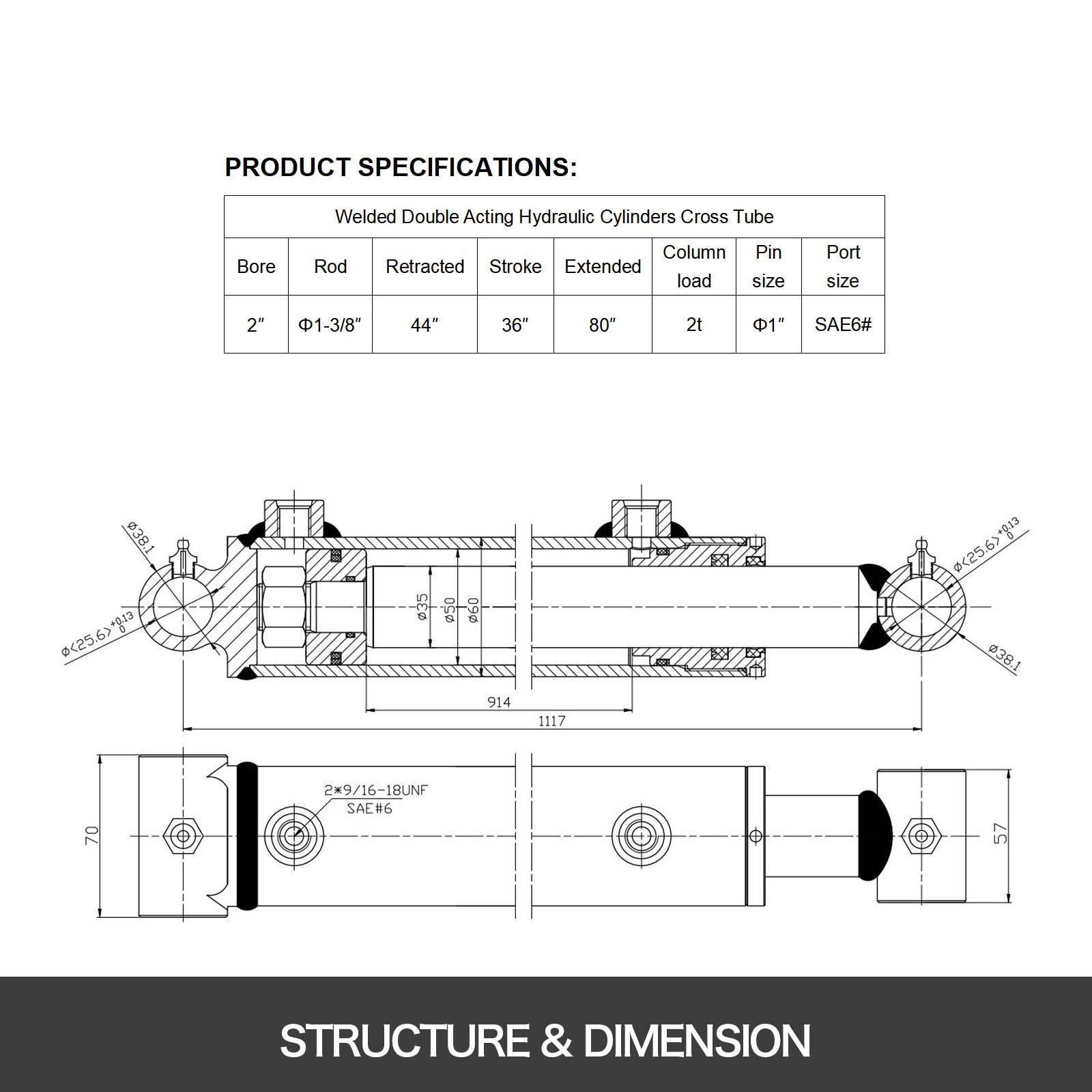 VEVOR hydraulic cylinder, 2-inch bore, 36-inch stroke, hydraulic ram cylinder, 3000 psi, hydraulic cylinder, welded, double-acting cross tube, SAE6 connection, hydraulic lift cylinder (2