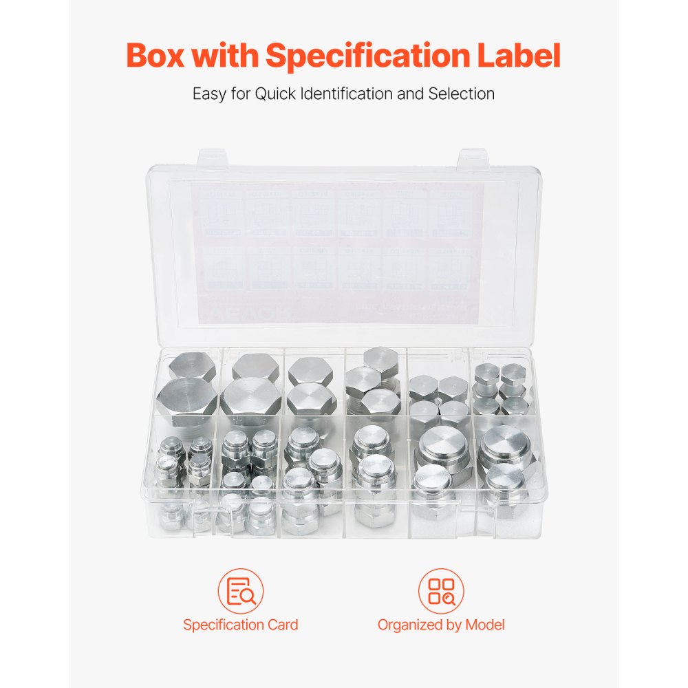 VEVOR 64-piece BSPP hydraulic fitting set, precision threaded hydraulic cap and plug set, galvanized steel, heavy-duty adapter set, dashboard sizes 04/06/08/10/12/16
