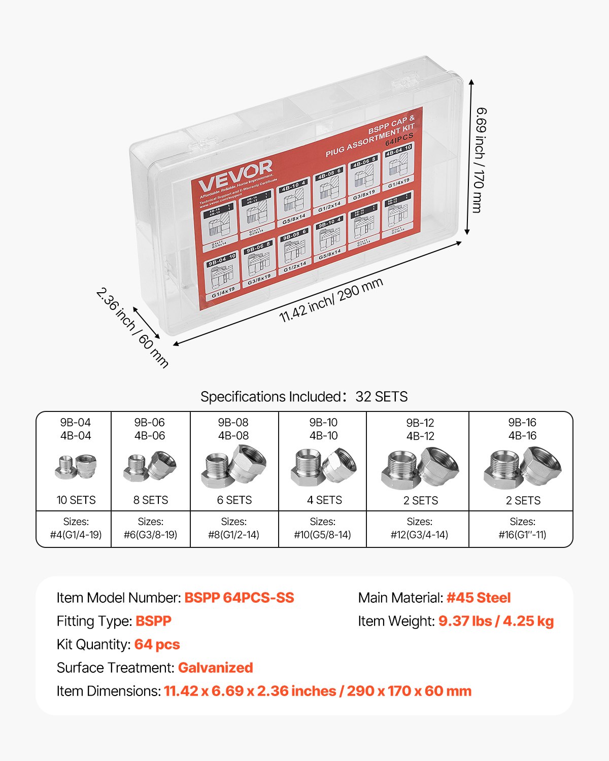 VEVOR Raccordi Idraulici BSPP 290 x 170 x 60 mm Kit Tappo e Tappo Idraulico con Filettatura di Precisione, 64 Pezzi, per Impieghi Gravosi in Acciaio Zincato, Misure Trattino 04/06/08/10/12/16