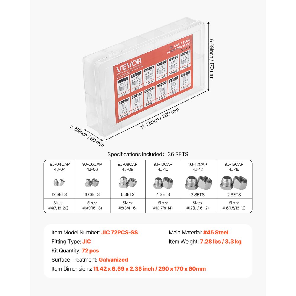 VEVOR Raccordi Idraulici JIC da 290 x 170 x 60 mm Kit di Tappi per Tubi Idraulici per Impieghi Gravosi, 72 Pezzi, Filettatura di Precisione in Misure di 37° Trattino 4 6 8 10 12 16
