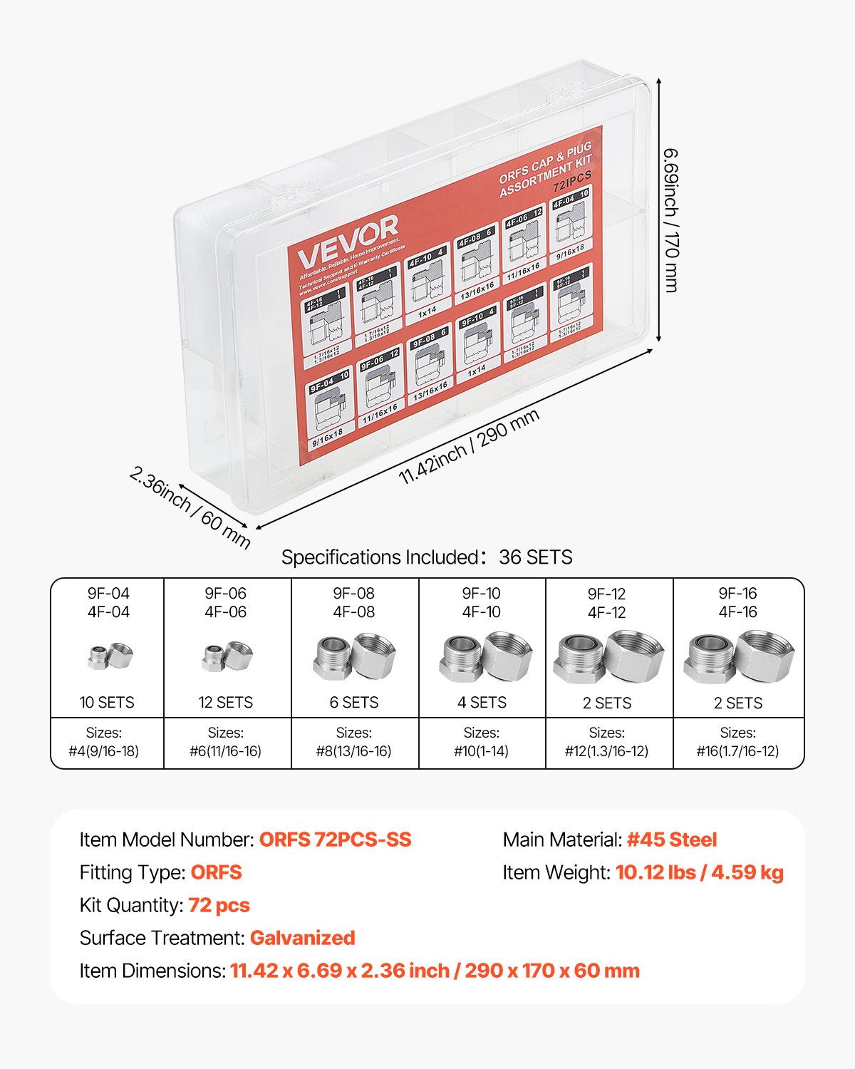 VEVOR Raccordi Idraulici ORFS, 72 Pezzi, Kit di Raccordi con Guarnizione Frontale O-Squillo, Raccordi per Tubi Flessibili Idraulici e Tubi, Filettatura di Precisione, Misure 4 6 8 10 12 16