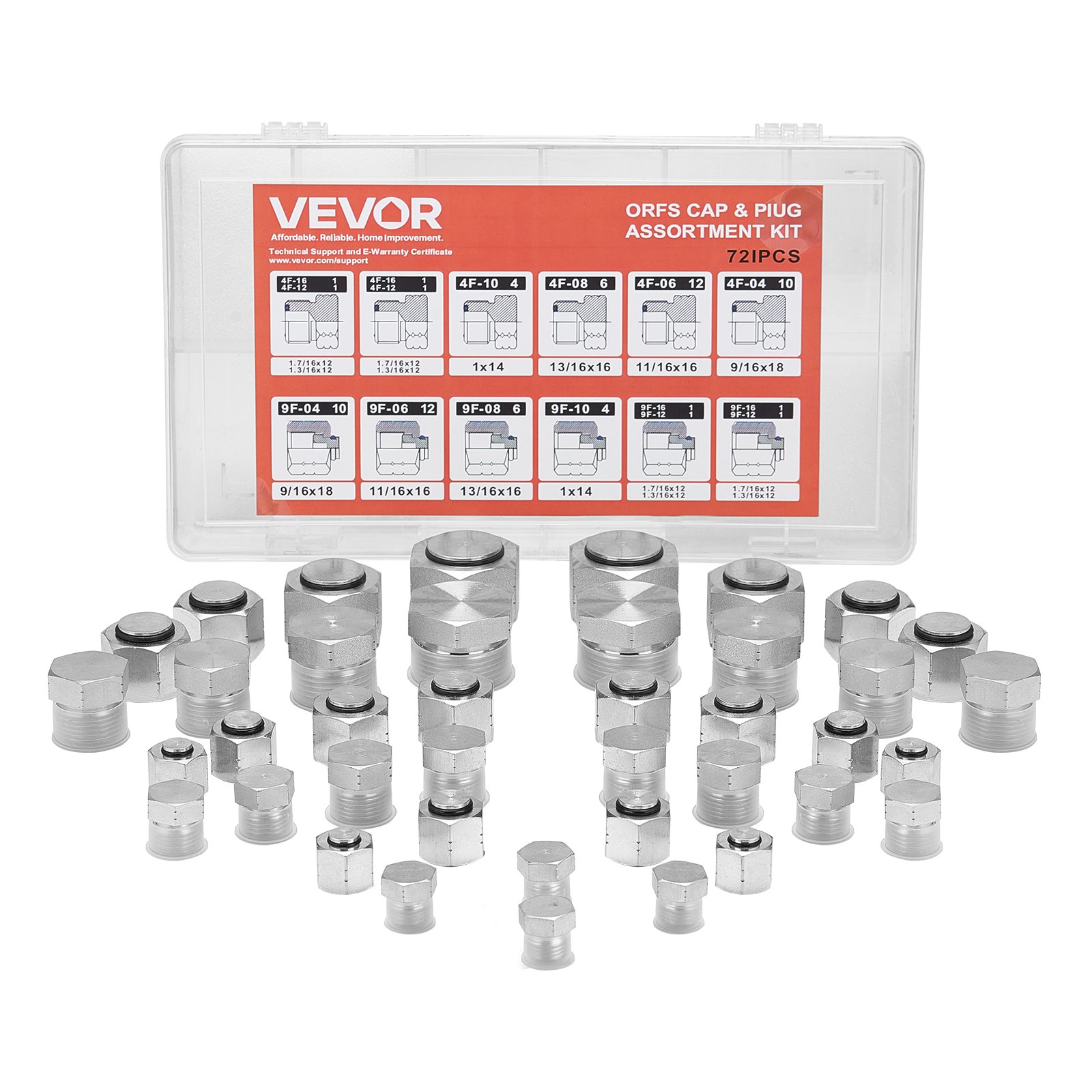 VEVOR Raccordi Idraulici ORFS, 72 Pezzi, Kit di Raccordi con Guarnizione Frontale O-Squillo, Raccordi per Tubi Flessibili Idraulici e Tubi, Filettatura di Precisione, Misure 4 6 8 10 12 16