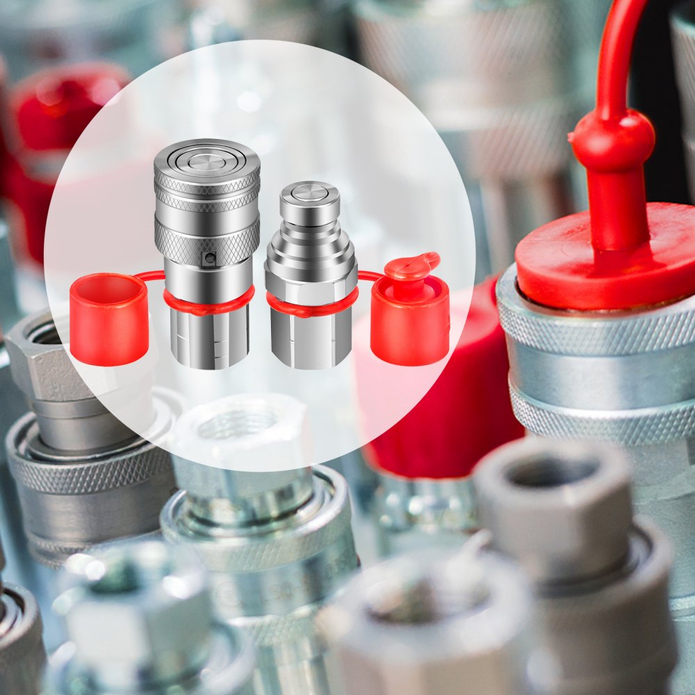 Accoppiatore Idraulico a Faccia Piana Maschio e Femmina, 1/2" Corpo 1/2" NPT, Set Adattatore per ISO16028, Connessione Attacco Rapido, Materiale Acciaio e PVC, con Cappucci a Prova di Polvere