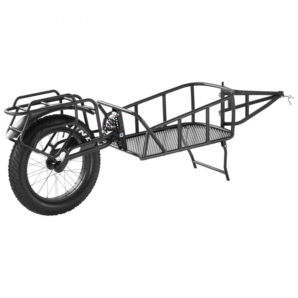 Rimorchio per bici VEVOR nero con telaio resistente e ruota singola di grandi dimensioni. Ideale per trasporti pesanti.