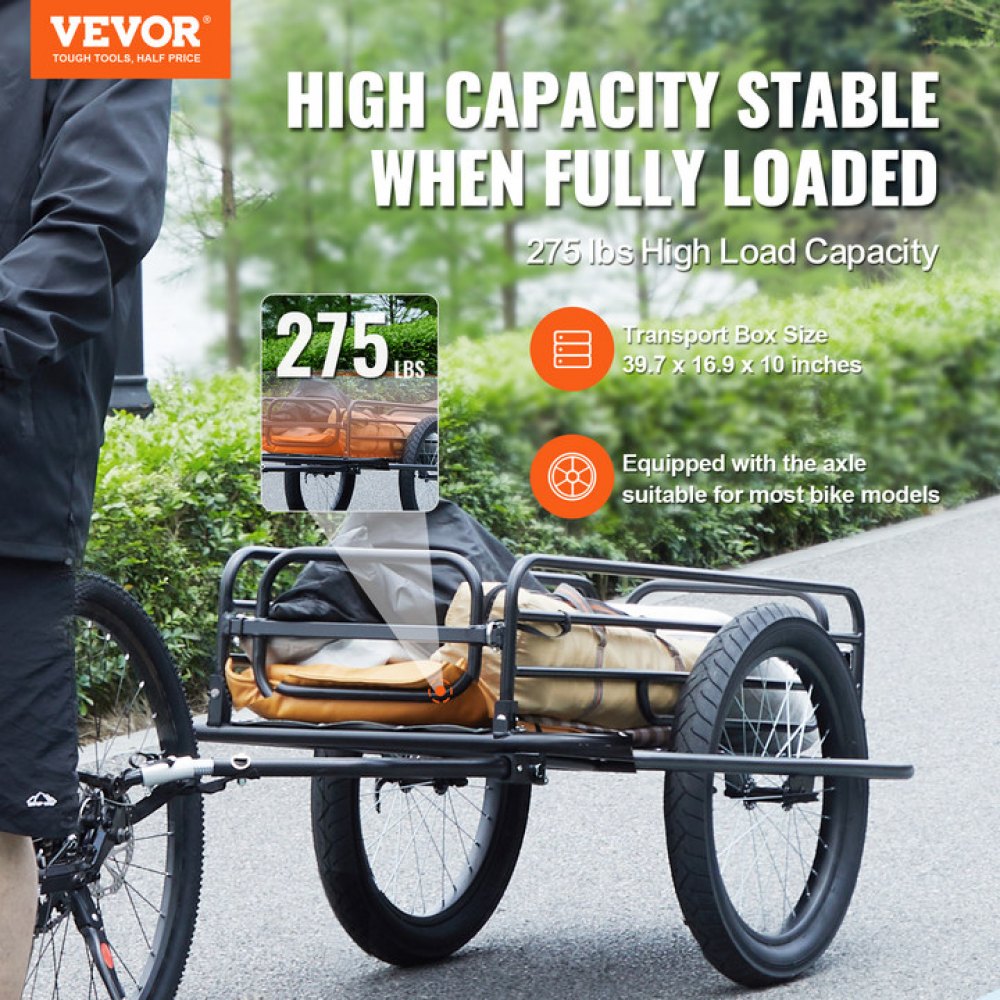 VEVOR Rimorchio da Carico Bici, Capacità Carico 125 kg Carrello per Carro da Bicicletta per Carichi Pesanti, Stoccaggio Compatto Pieghevole Sgancio Rapido, per Maggior Parte delle Ruote da Bicicletta