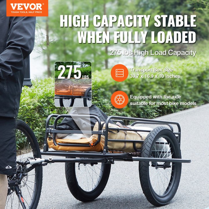 VEVOR Rimorchio da Carico Bici, Capacità Carico 125 kg Carrello per Carro da Bicicletta per Carichi Pesanti, Stoccaggio Compatto Pieghevole Sgancio Rapido, per Maggior Parte delle Ruote da Bicicletta