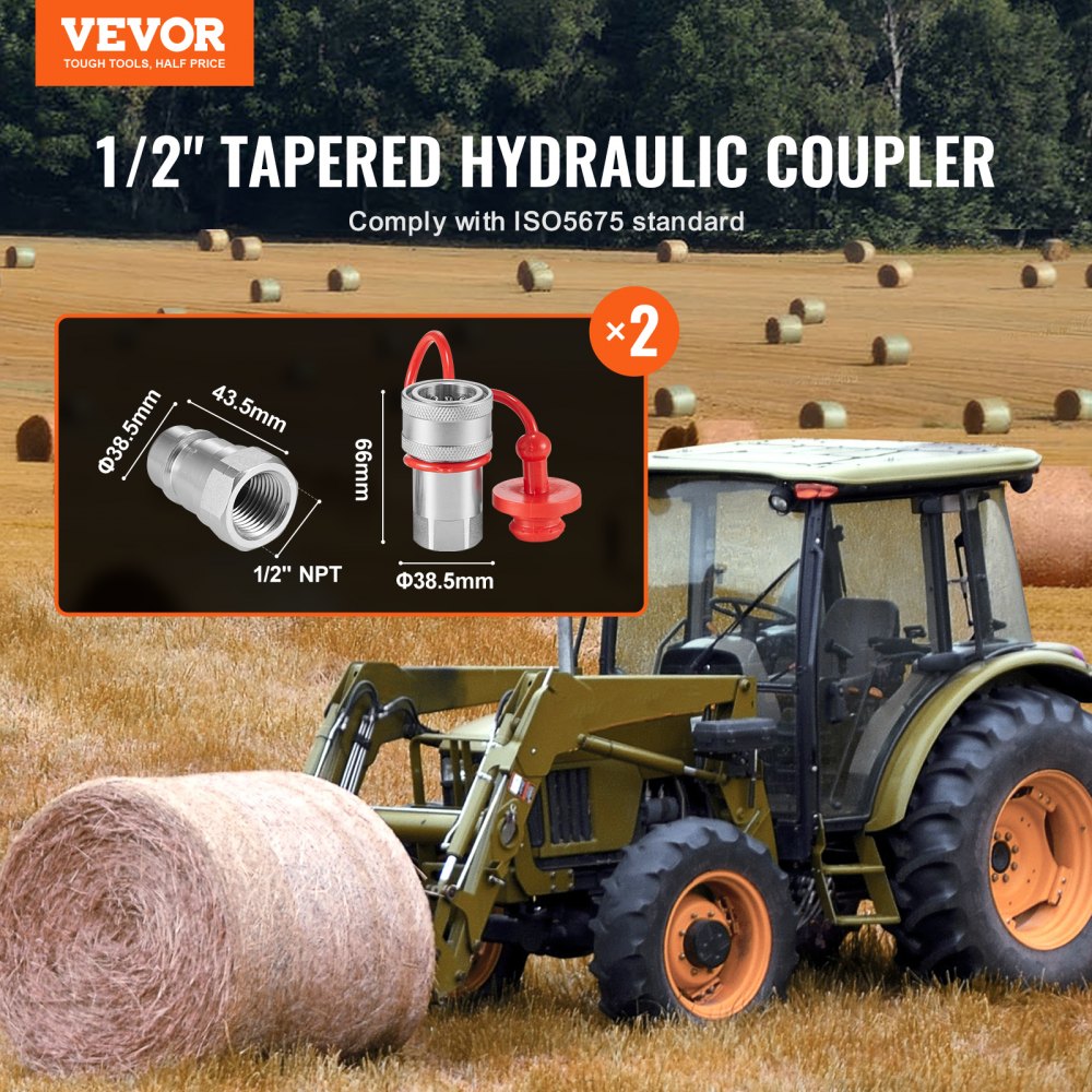 VEVOR 1/2 inch conical hydraulic couplings, 1/2 inch NPT hydraulic quick couplings for compact loaders with 4 dust caps (ISO5675)