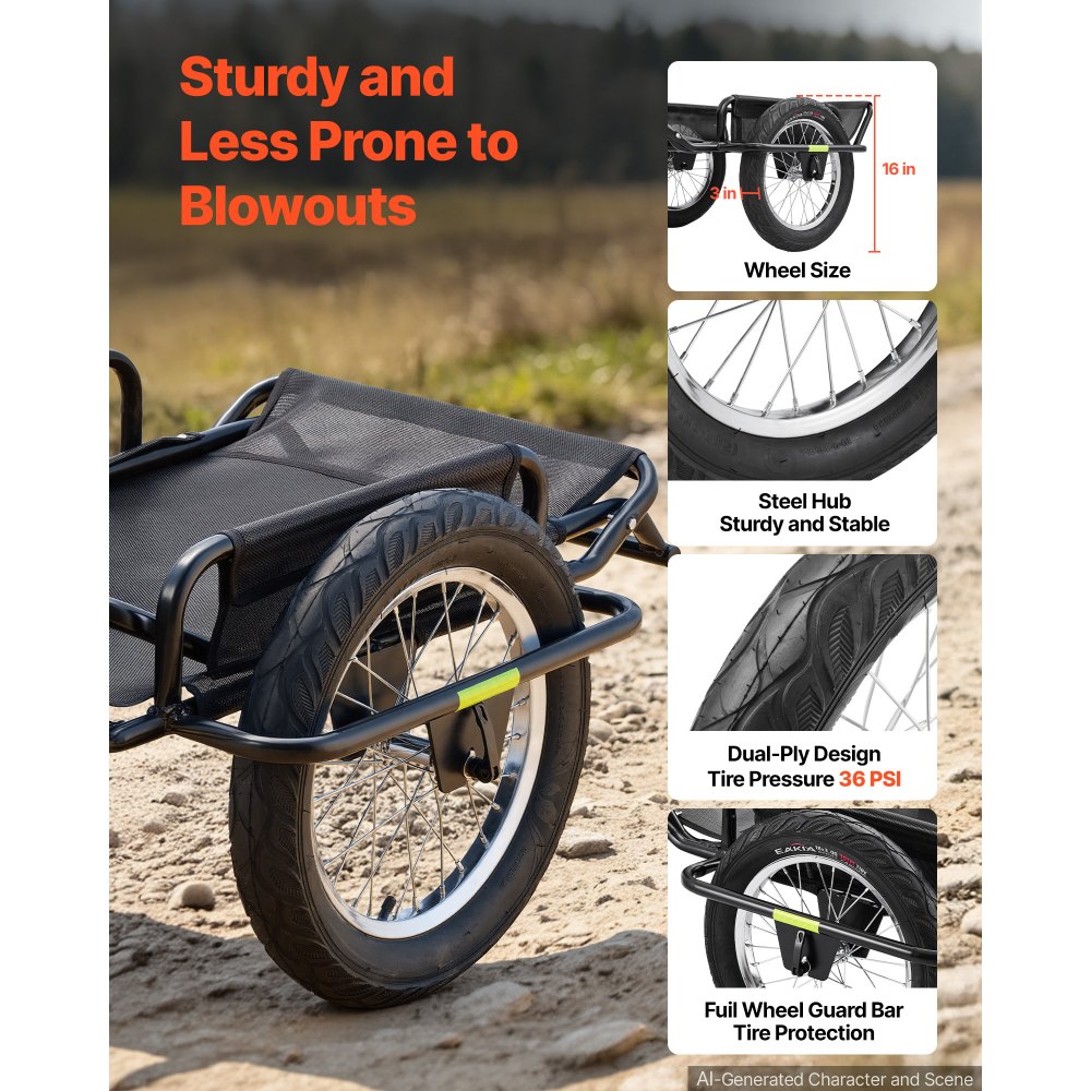 VEVOR Rimorchio da Carico Fuoristrada per Bici Portata 145 kg Ruote da 406 mm, Design Pieghevole e Multiuso, per Tutti i Terreni e Telaio in Acciaio al Carbonio, per Bici con Ruote da 559 a 711 mm