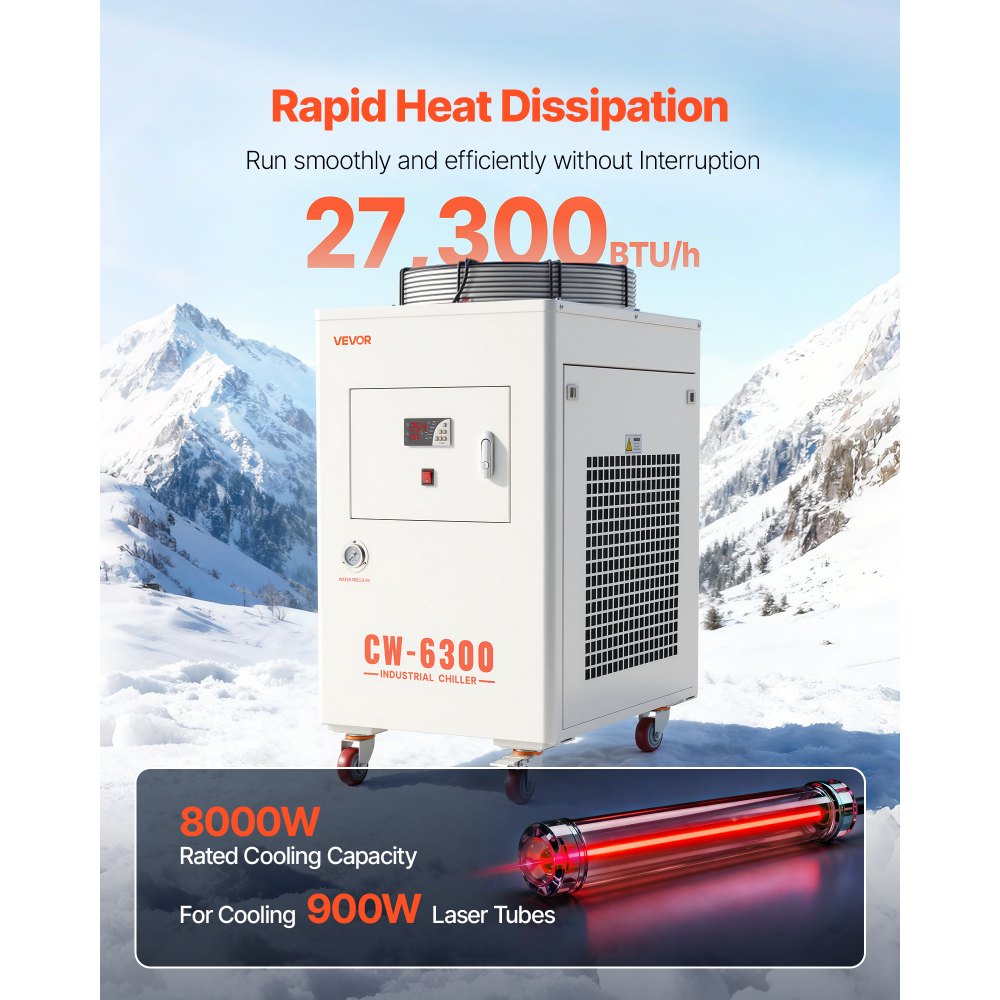VEVOR Refrigeratore d'Acqua Industriale per Macchina per Incisione Laser CW-6300, Sistema di Raffreddamento ad Acqua con Compressore per Taglio Laser da 2500 W, Capacità 40 L, Portata Max 70 L/min