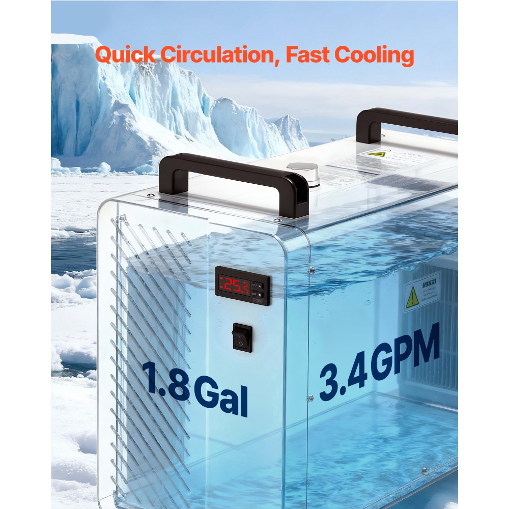 VEVOR Refrigeratore d'Acqua Industriale per Macchina per Incisione Laser CW-5200AG, Sistema di Raffreddamento ad Acqua con Compressore per Taglio Laser da 650 W, Capacità 7 L, Portata Max 13 L/min