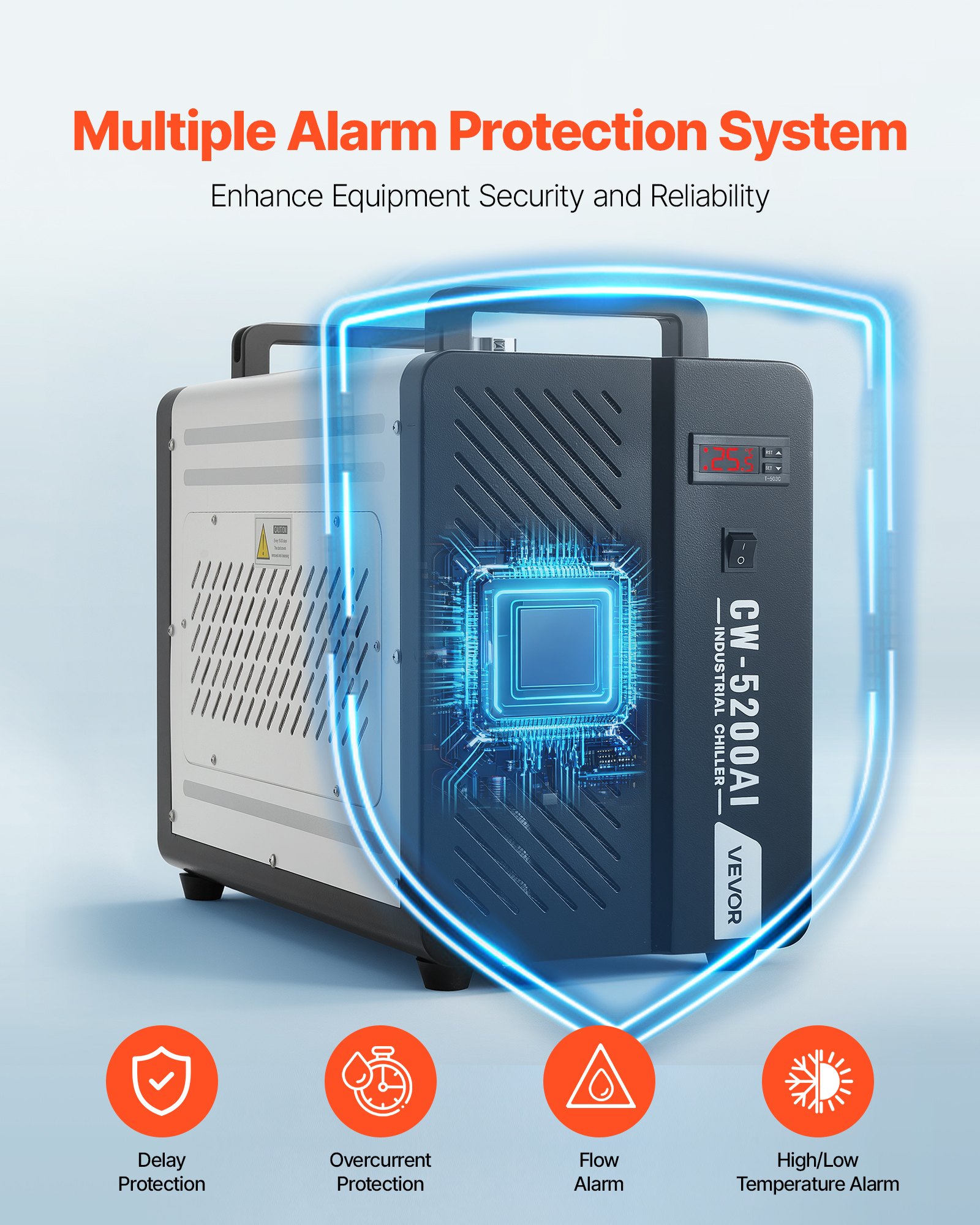 VEVOR Refrigeratore d'Acqua Industriale per Macchina per Incisione Laser CW-5200AI, Sistema di Raffreddamento ad Acqua con Compressore per Taglio Laser da 650 W, Capacità 7 L, Portata Max 16 L/min