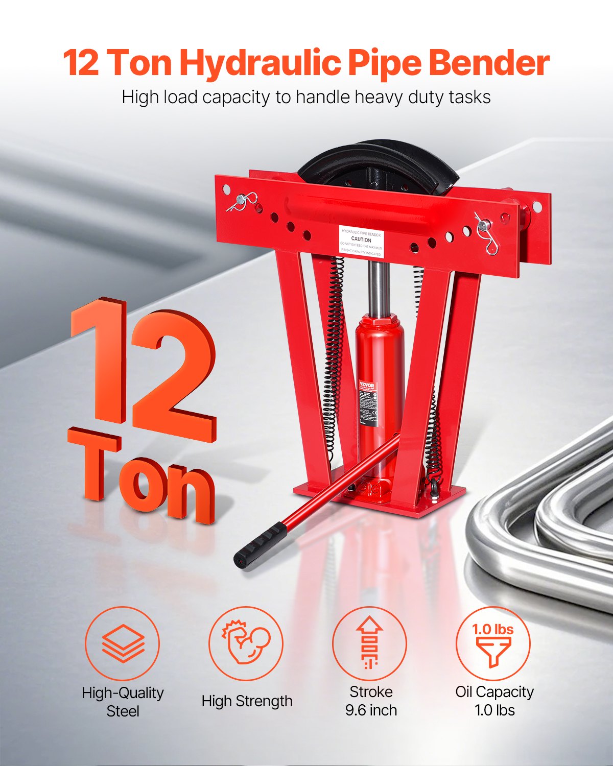 VEVOR Piegatubi Idraulico Piegatubi per Tubi Scarico in Rame 12 Tonnellate 6 Matrici (1/2'', 3/4'', 1'', 1-1/4'', 1-1/2'', 2''), Rulli Regolabili da 90° a 180° per Tubi in Metallo, Piegatubi Manuale