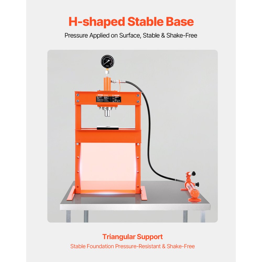 VEVOR Pressa Idraulica Manuale da Officina, Pressa da Officina con Telaio a H 10 T con Piastra di Pressatura Base a Forma di H, Pressa Idraulica Regolabile per Pavimento di Garage per Piegatura