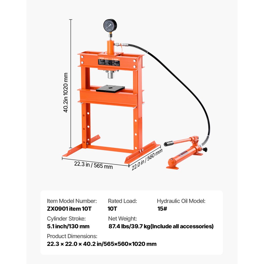 VEVOR Pressa Idraulica Manuale da Officina, Pressa da Officina con Telaio a H 10 T con Piastra di Pressatura Base a Forma di H, Pressa Idraulica Regolabile per Pavimento di Garage per Piegatura