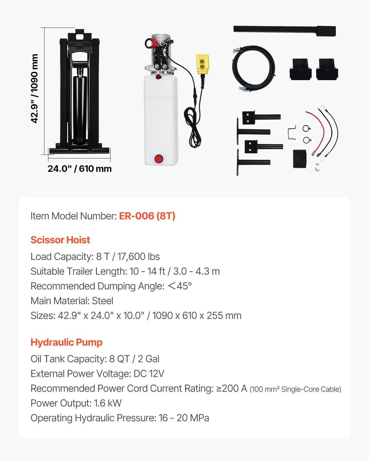 VEVOR Kit di Sollevamento Idraulico per Cassone Ribaltabile a Forbice, Kit per Rimorchio Ribaltabile 8 T con Unità Pompa Idraulica da 12 V, Adatto per Camion con Cassone Ribaltabile a Forbice