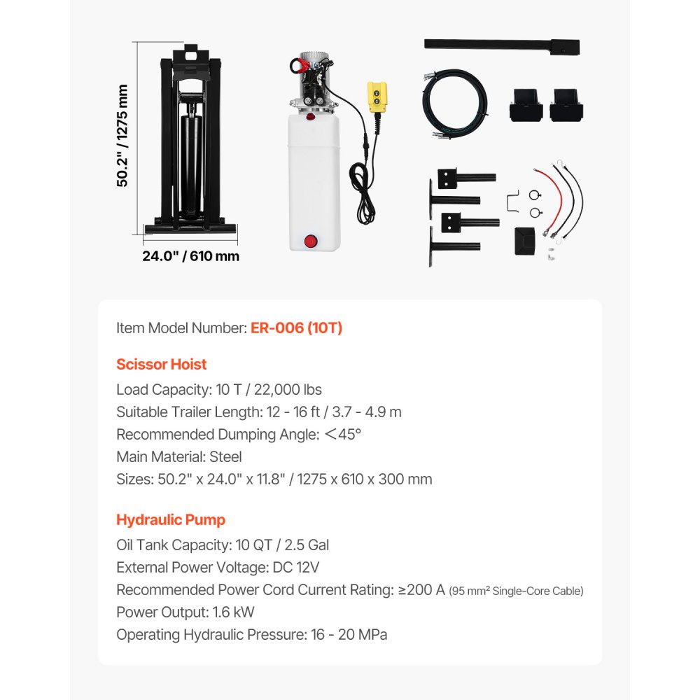 VEVOR Kit di Sollevamento Idraulico per Cassone Ribaltabile a Forbice, Kit per Rimorchio Ribaltabile 10 T con Unità Pompa Idraulica da 12 V, Adatto per Camion con Cassone Ribaltabile a Forbice