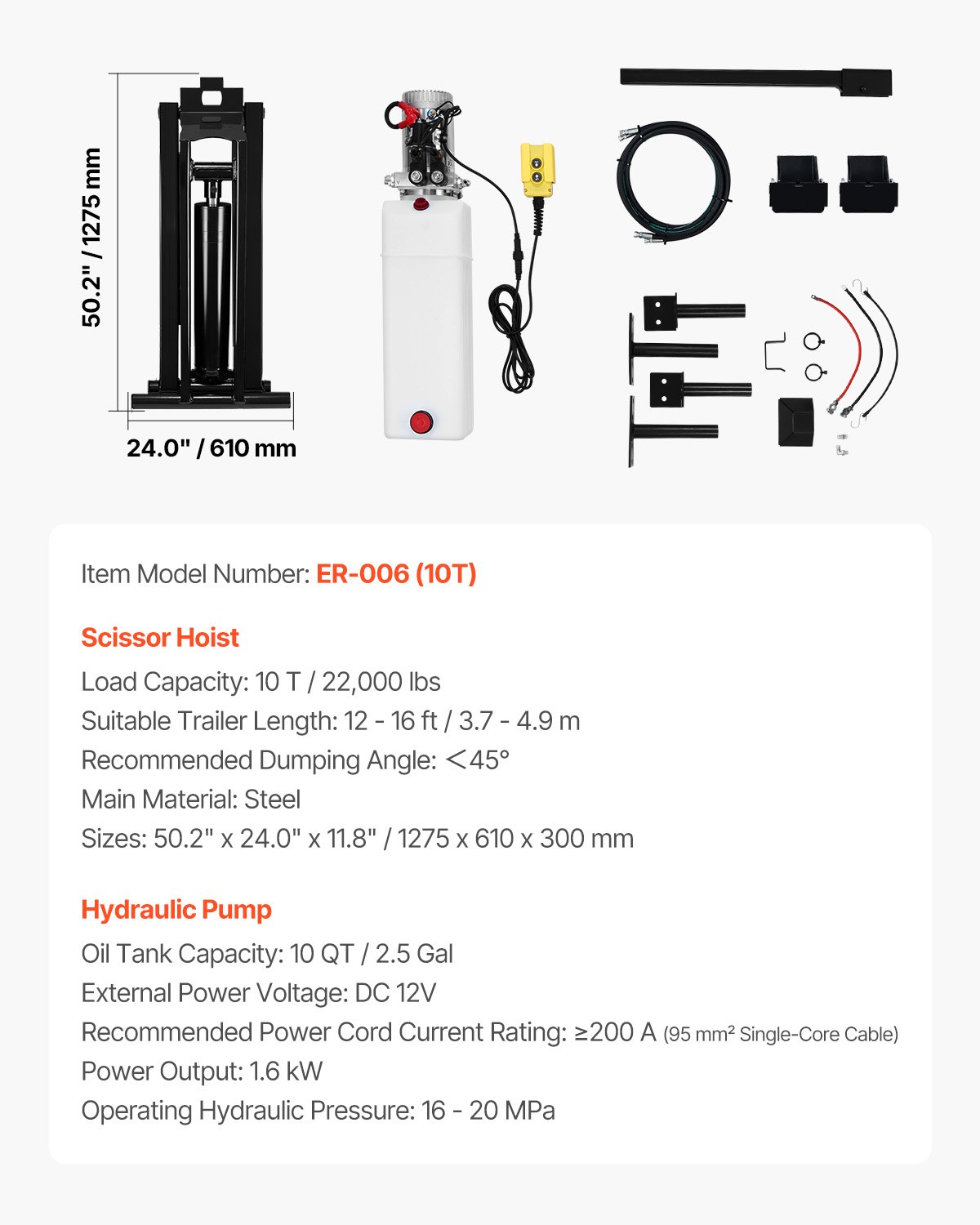 VEVOR Kit di Sollevamento Idraulico per Cassone Ribaltabile a Forbice, Kit per Rimorchio Ribaltabile 10 T con Unità Pompa Idraulica da 12 V, Adatto per Camion con Cassone Ribaltabile a Forbice