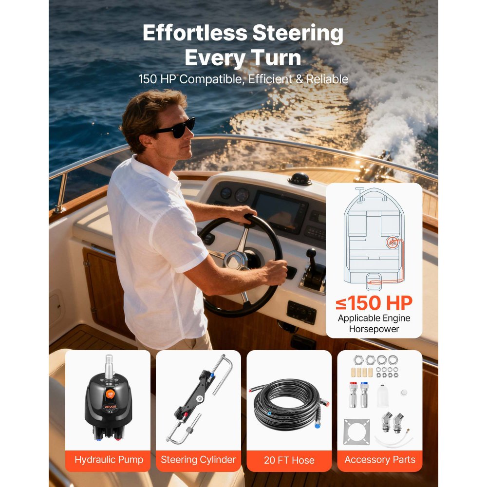 VEVOR Kit di Sterzo Idraulico 150 CV, Sistema di Sterzo Idraulico per Imbarcazioni Marine con Pompa del Timone da 6,9 MPa Cilindro di Bloccaggio Bidirezionale Tubi Flessibili per Stazione Singola