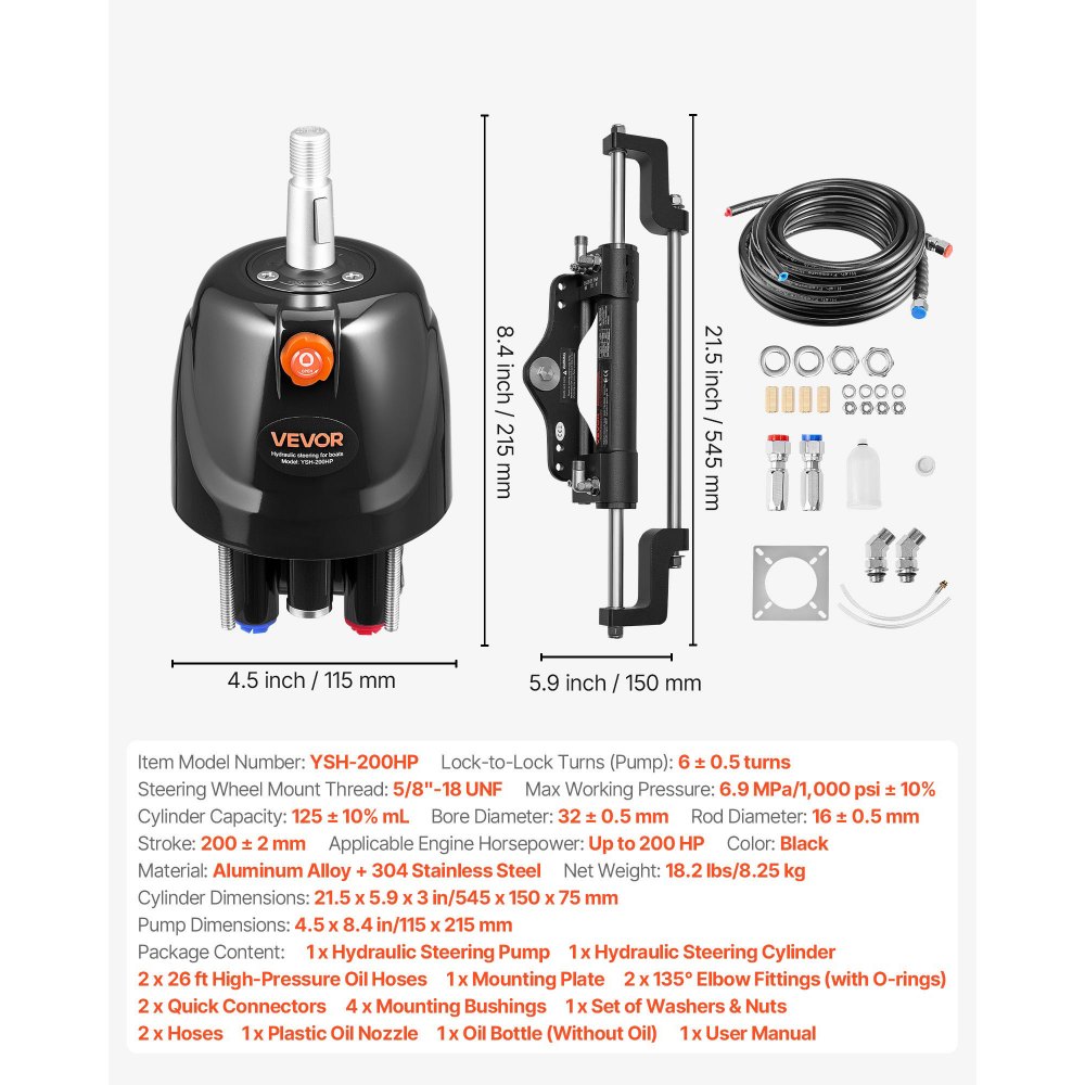VEVOR Kit di Sterzo Idraulico 200 CV Sistema di Sterzo Idraulico per Barche con Pompa del Timone da 1000 PSI, Cilindro di Bloccaggio Bidirezionale Tubi Flessibili per Stazione Singola