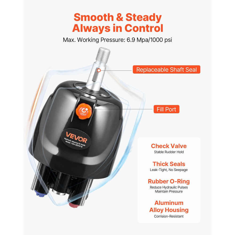 VEVOR Kit di Sterzo Idraulico per Motori Potenza max. 300 CV Sistema di Sterzo Idraulico per Barche, con Pompa del Timone da 1000 PSI Corsa 200 mm Capacità del Cilindro 142mL, Barca, Fuoribordo